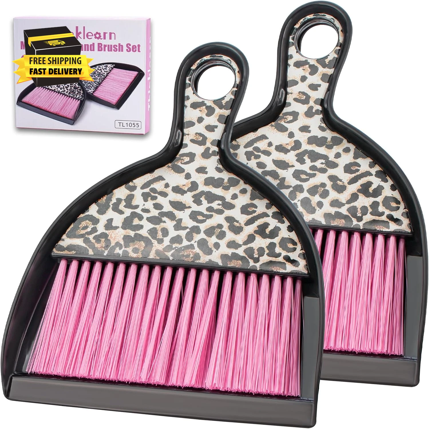 2PCS Mini Dustpan and Brush Set, Small Broom and Dustpan Set with Pink Leopard P