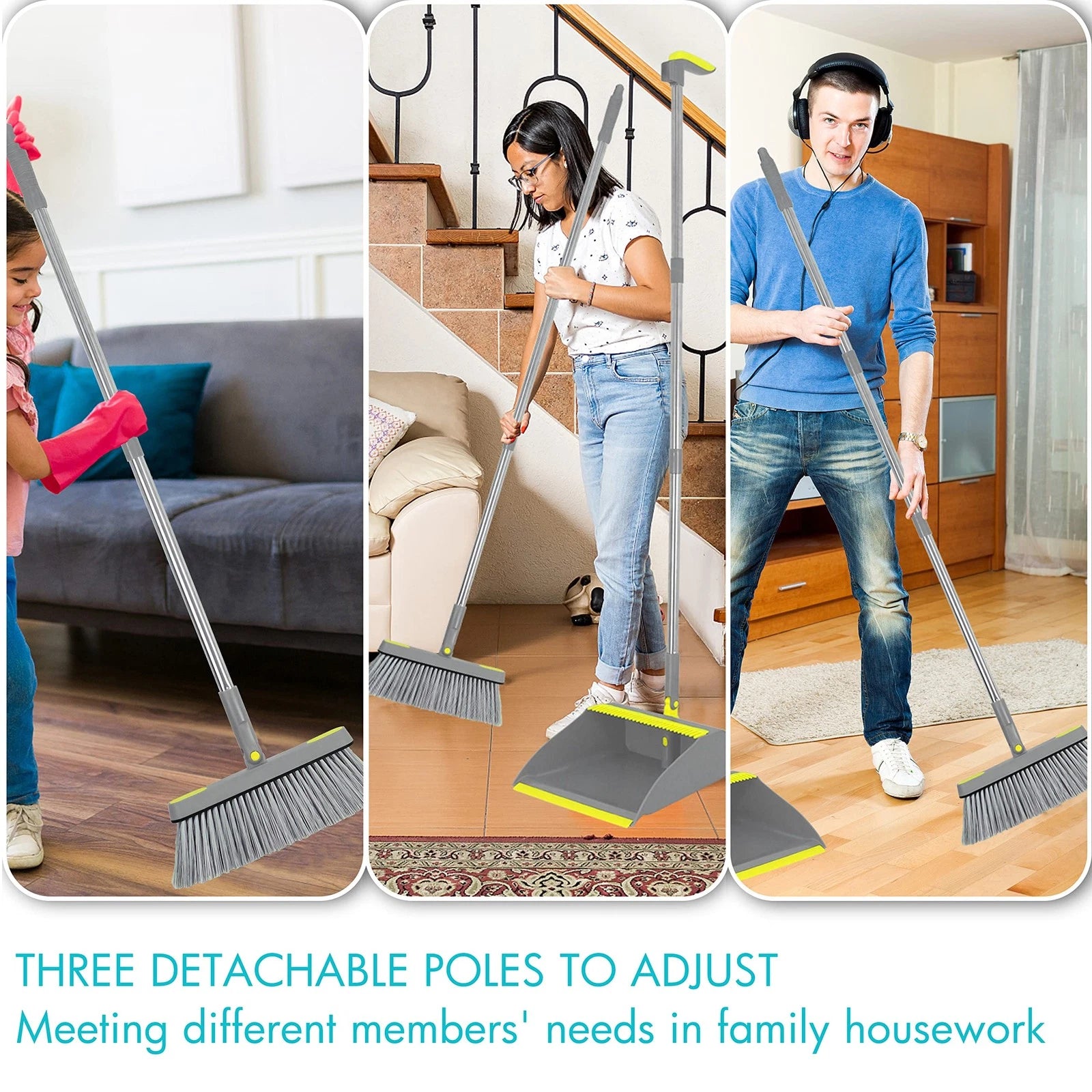 2-Pack Broom and Dustpan Combo Set, 48" Long Adjustable Handle Stand Up Dustp...