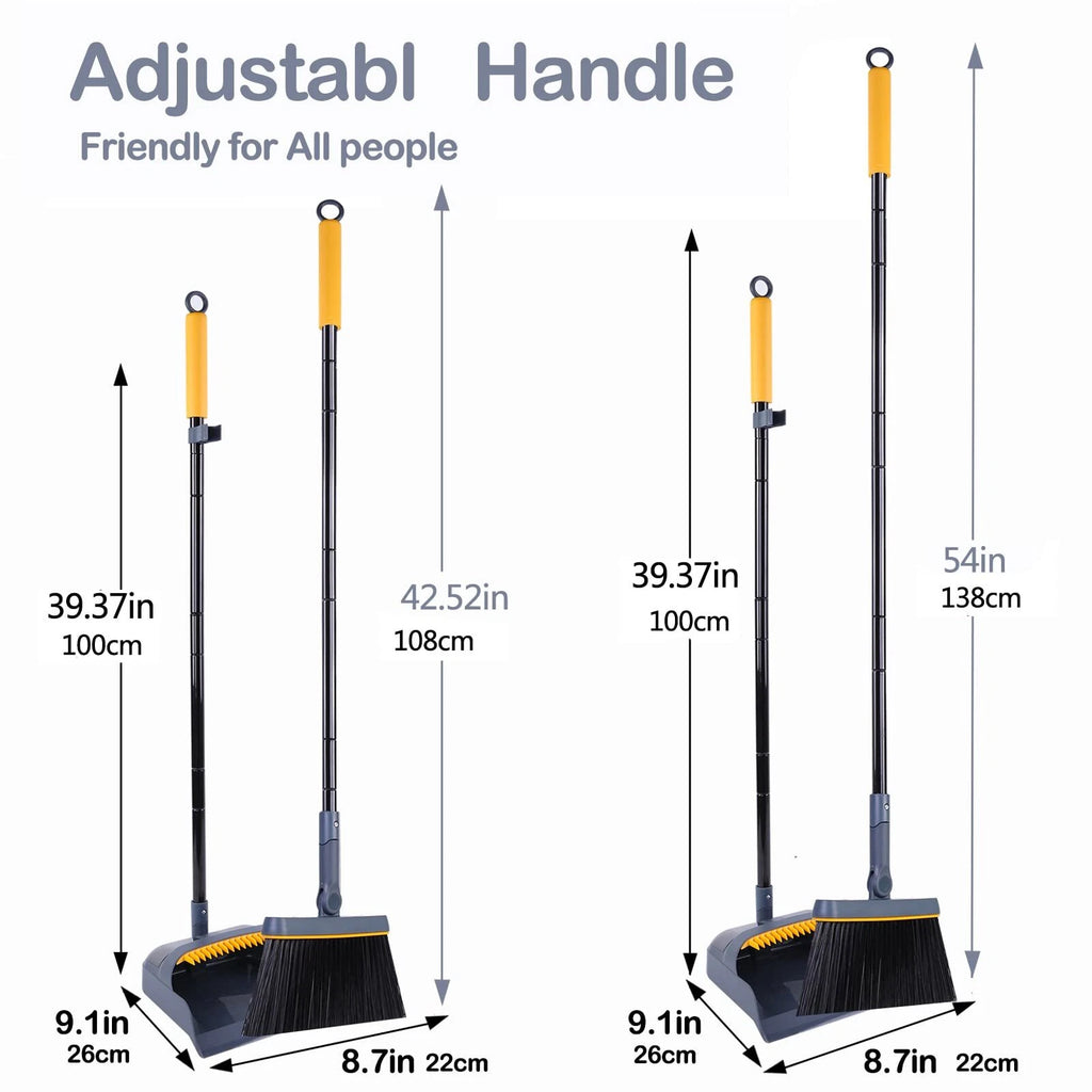 Broom and Dustpan Set 54 Inches Long Handle 180° Rotating Upright Standing