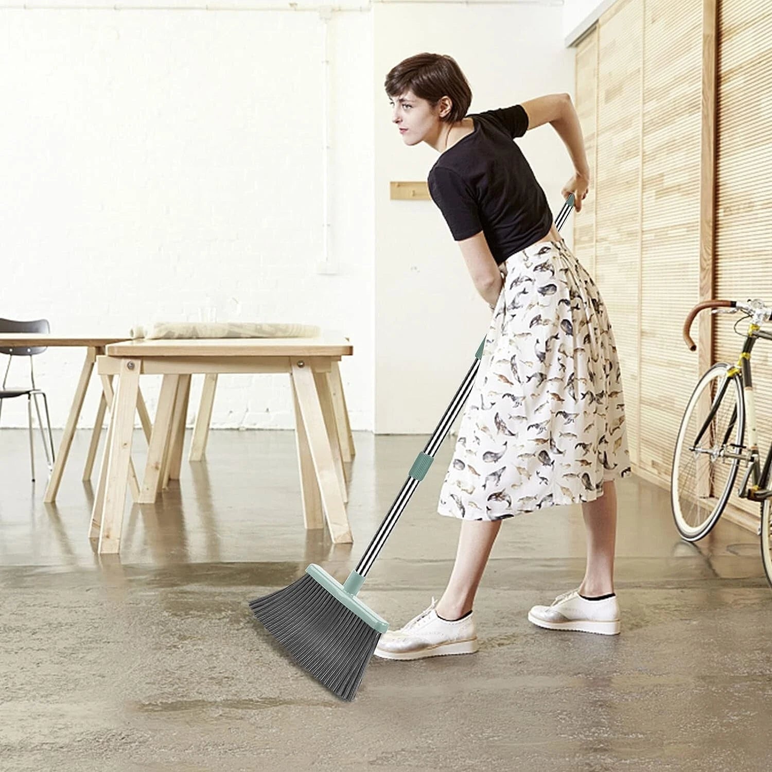 Upgrade Broom and Dustpan Set with Long Handle Broom and Stiff Broom Dust pan
