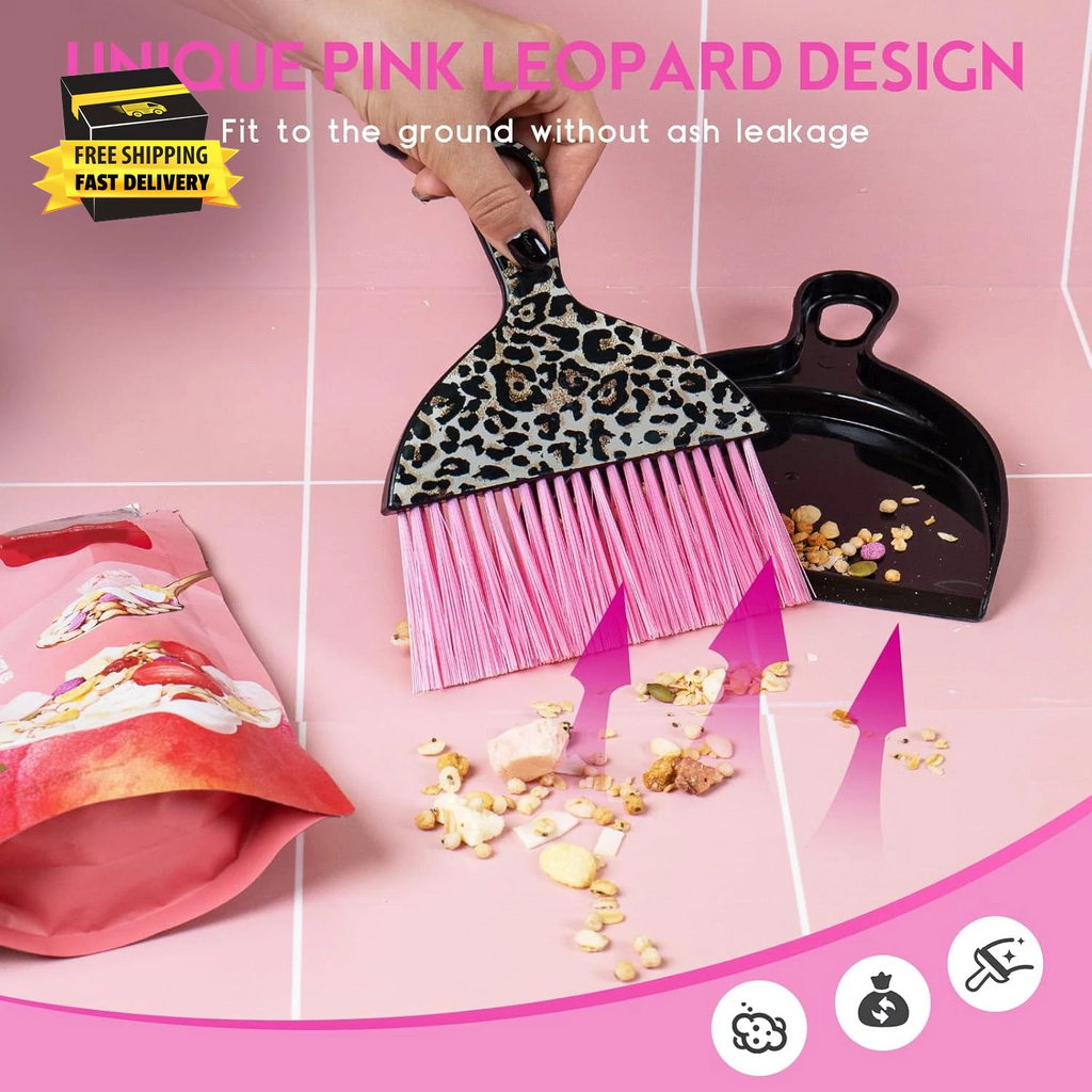 2PCS Mini Dustpan and Brush Set, Small Broom and Dustpan Set with Pink Leopard P