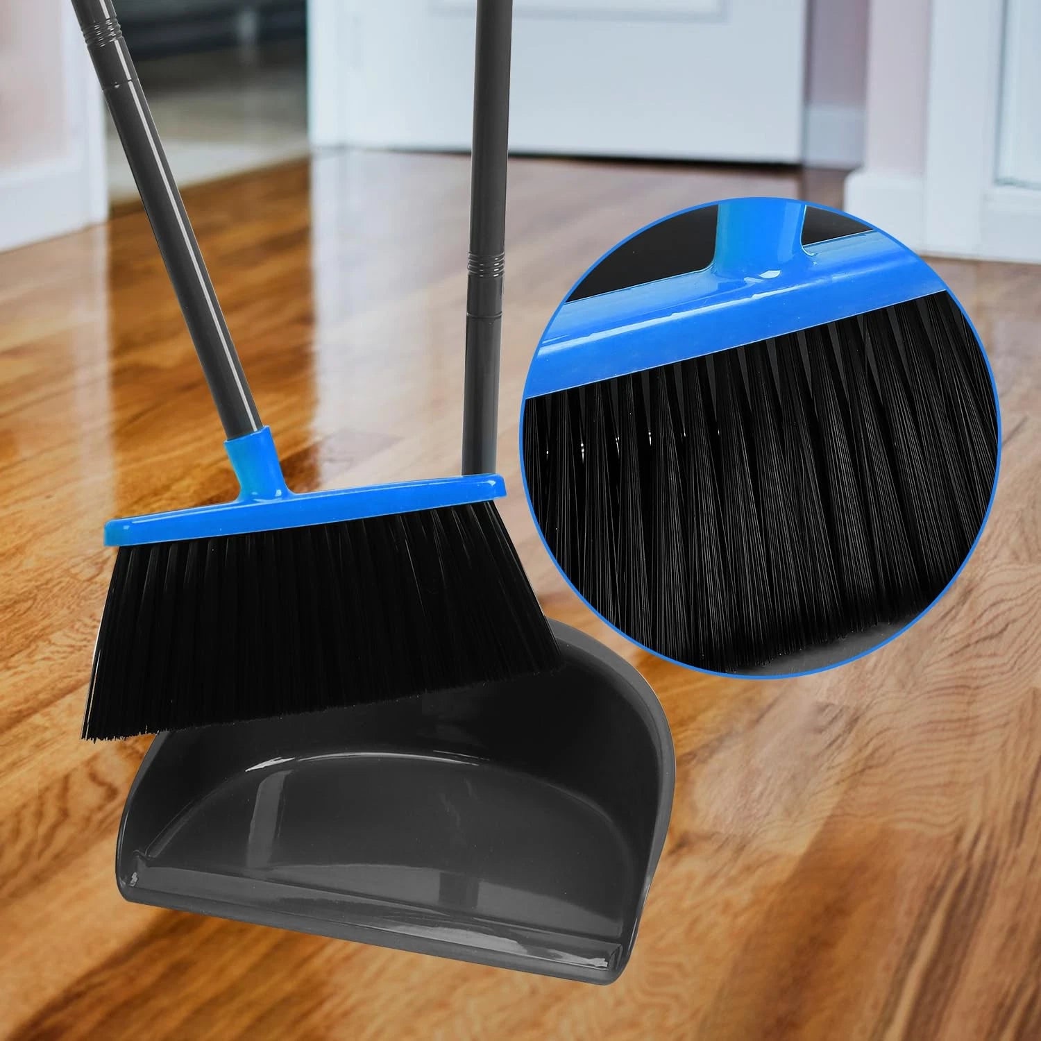 Broom and Dustpan Set ，Long Handle Broom with Upright Standing Dust pan for I...