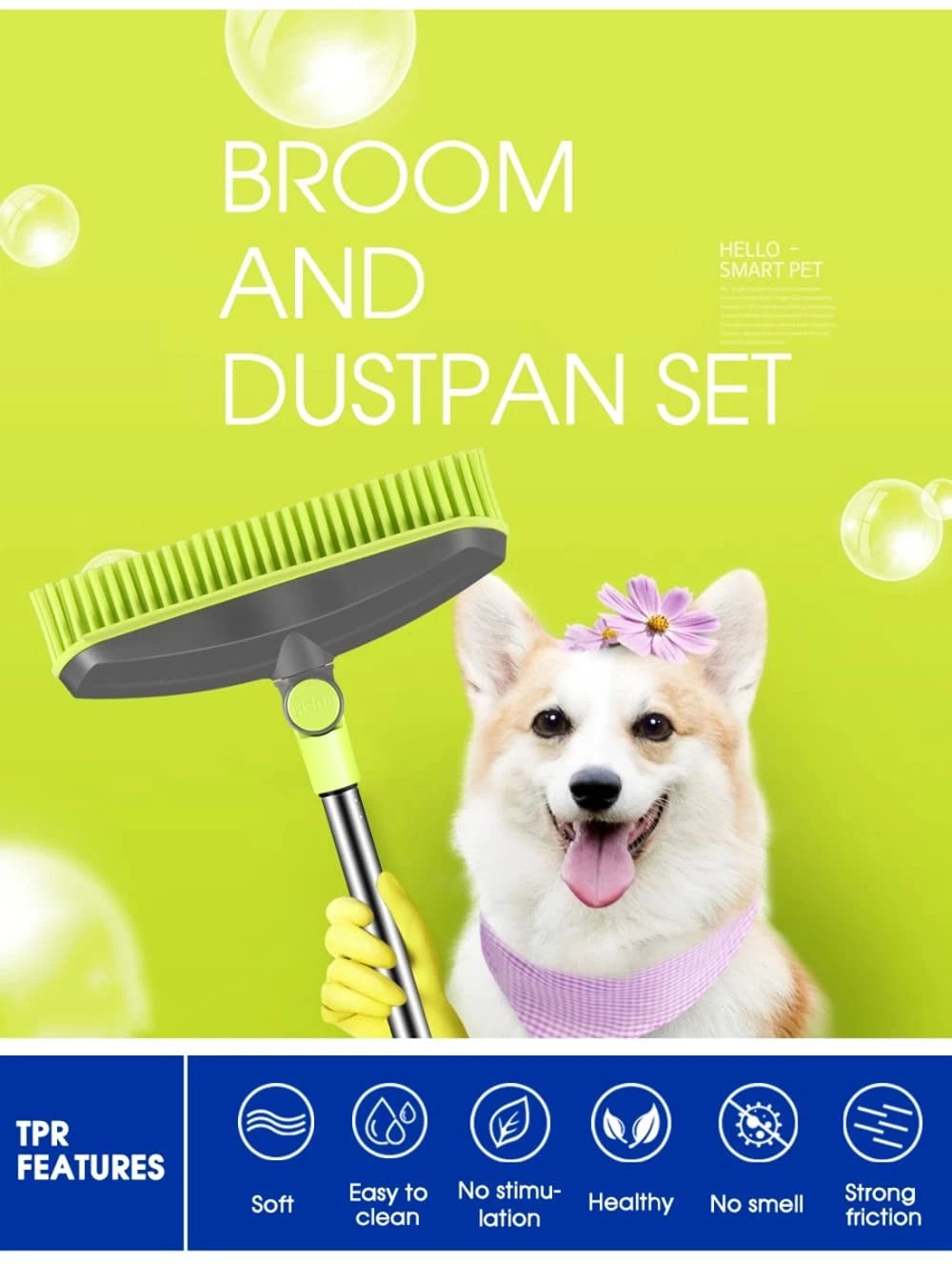 Adjustable Rubber Push Broom & Dustpan Set, Self-Cleaning, Long Handle