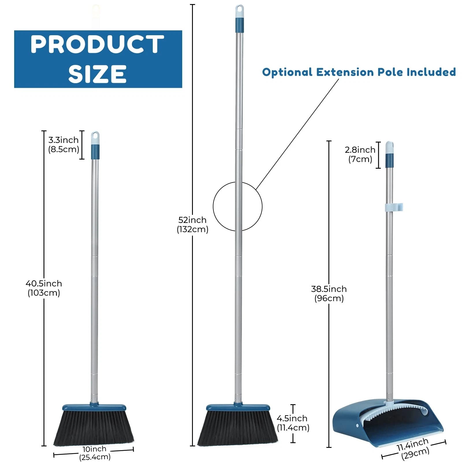 Standing Dustpan and Broom Set with 52"Long Extendable Handle for Home Indoor