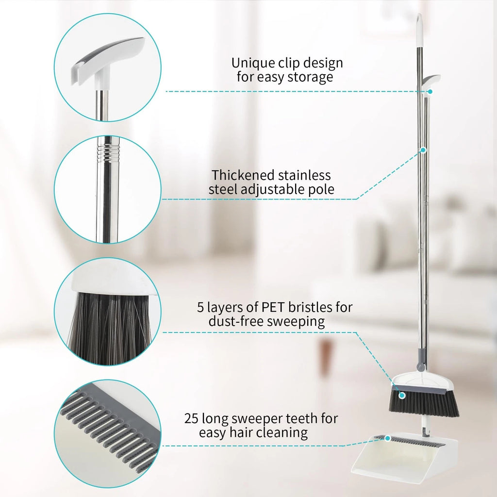 Broom with Dustpan Combo Set 2 in 1 and Long Handle Upright 180° Rotating Brush