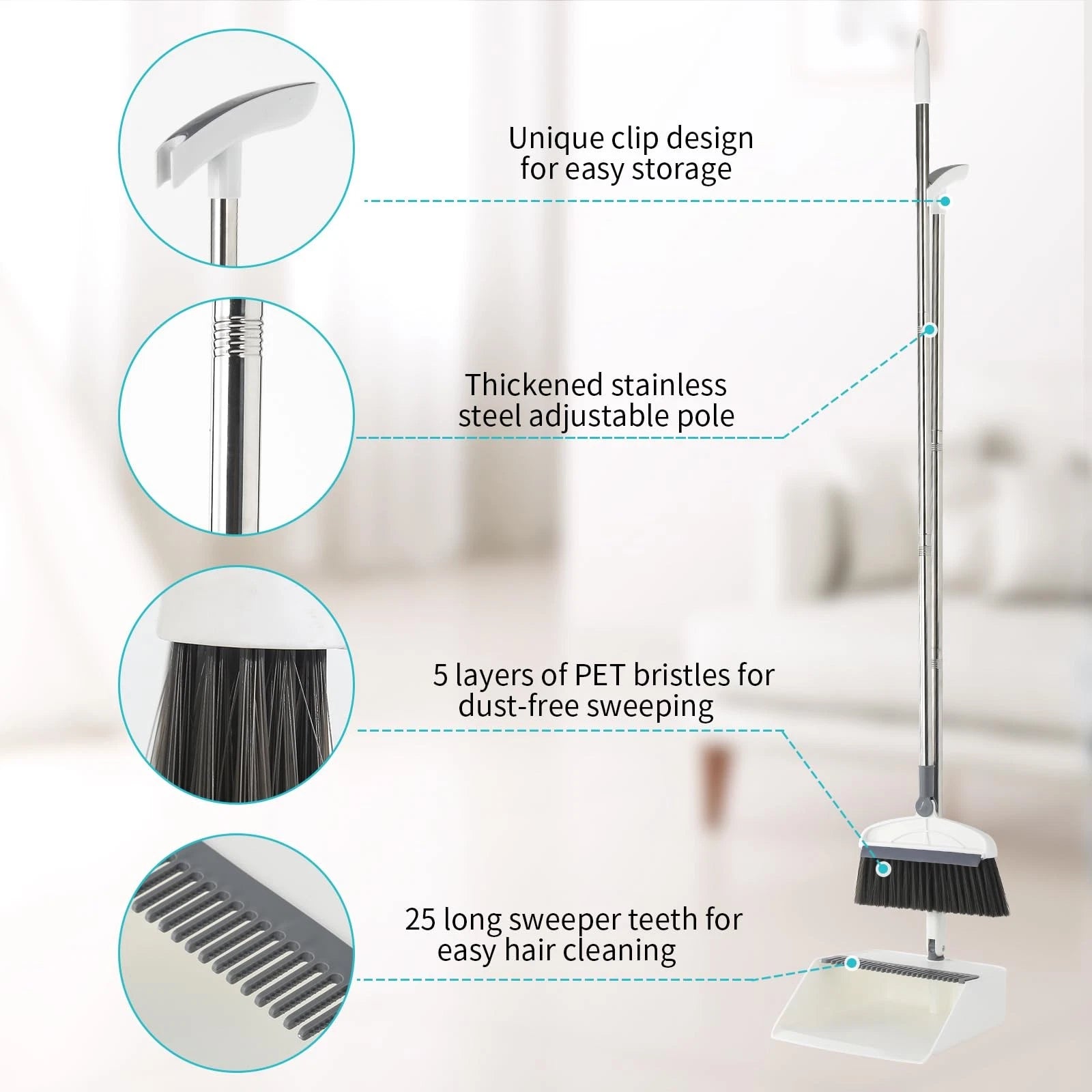 Broom with Dustpan Combo Set 2 in 1 and Long Handle Upright 180° Rotating Brush