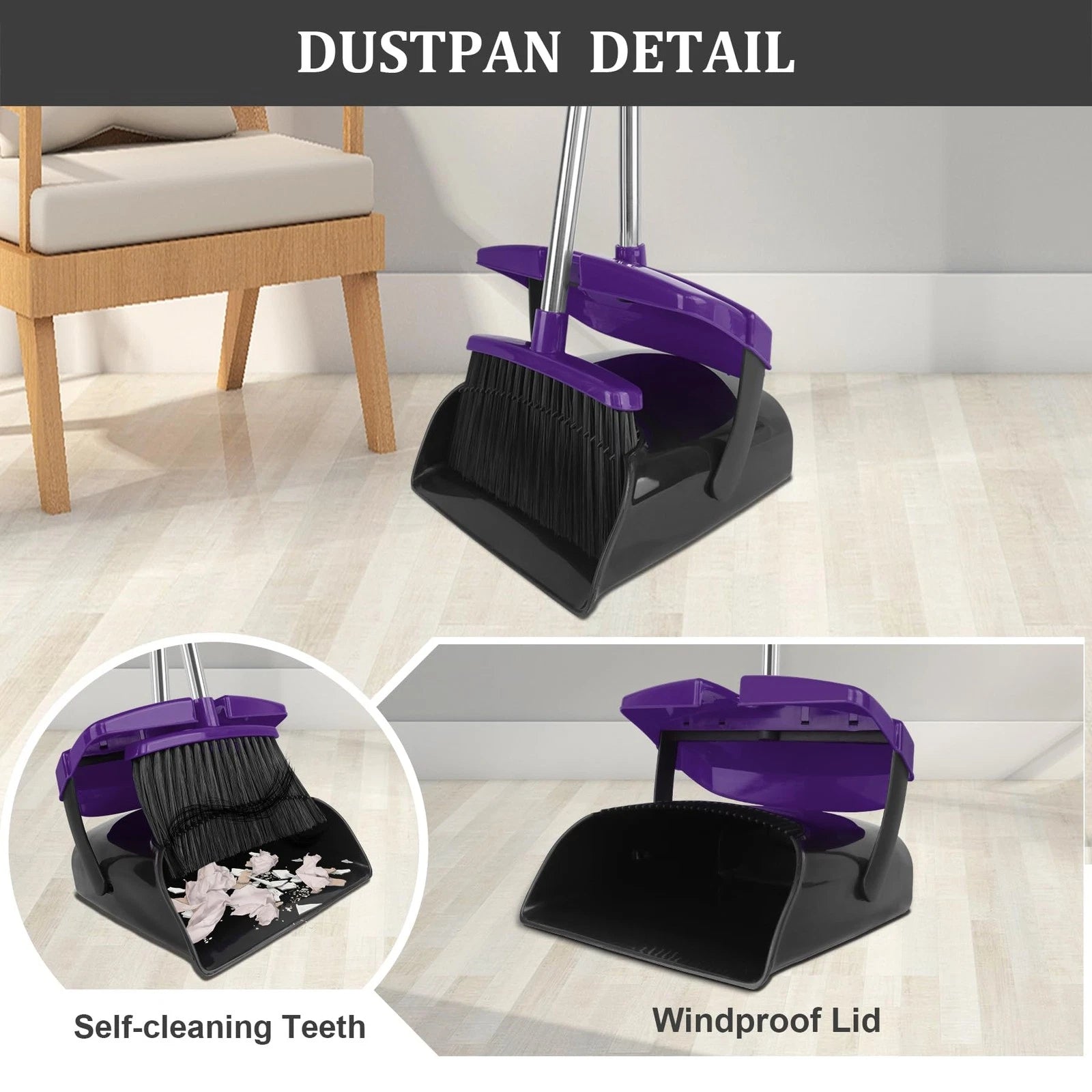 Broom and Dustpan Set 51"Long Handle with Combo Windproof and Self-Cleaning