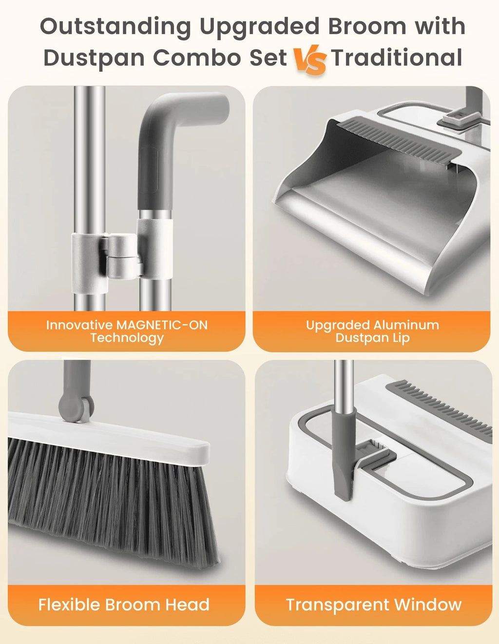 Broom with Dustpan Combo Set,51” Adjustable Long Handle,Broom and Dustpan,Dur...