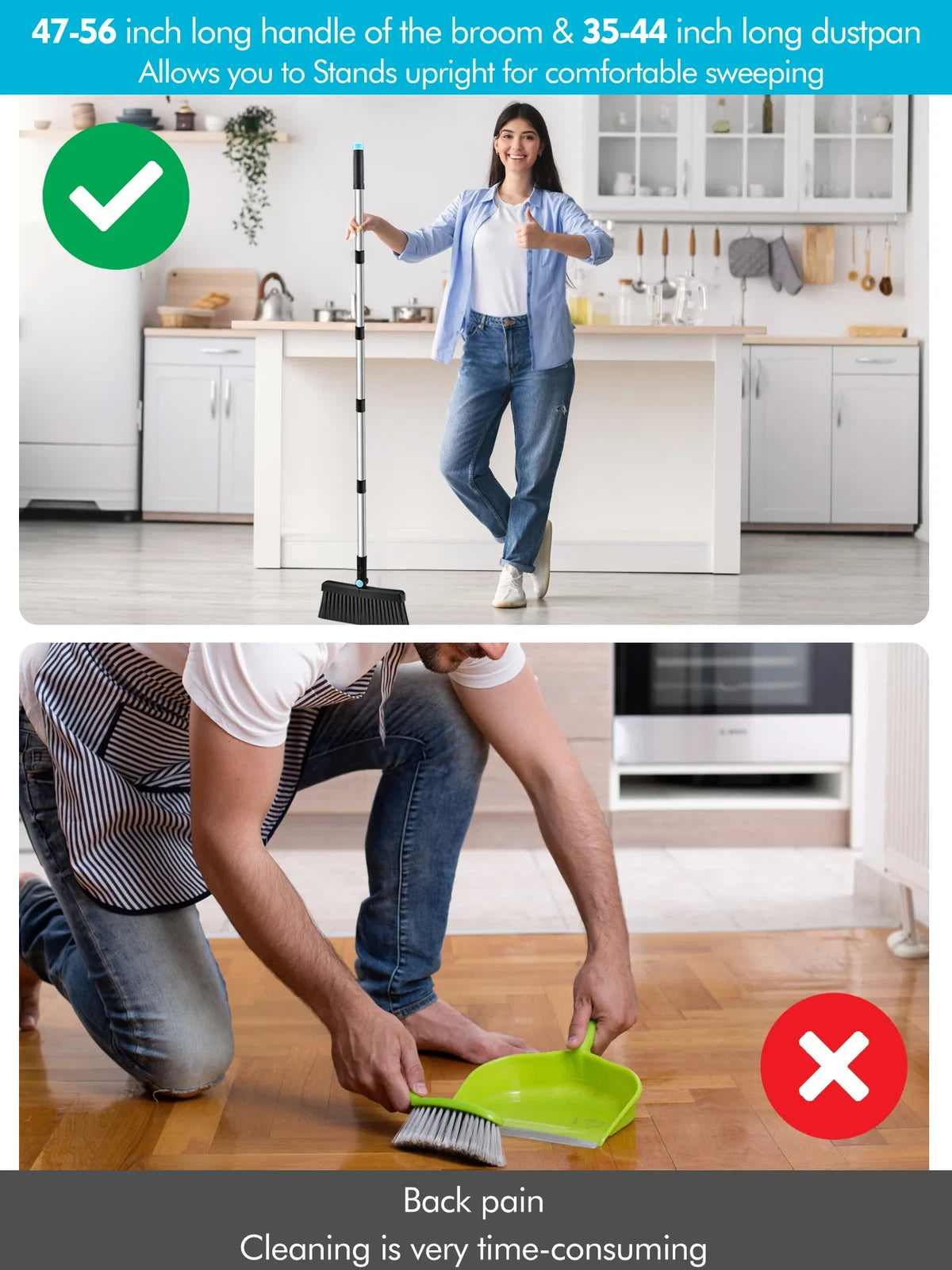 Broom and Dust Pan Combo,Steel Broom and Dustpan Set for Home,Dust Pan with 56.9