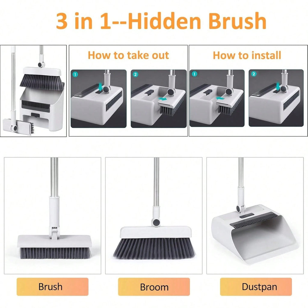 NGE-3-In-1 Broom And Dustpan Set, Soft Bristle, 180 Degree Rotatable Broom Dustp