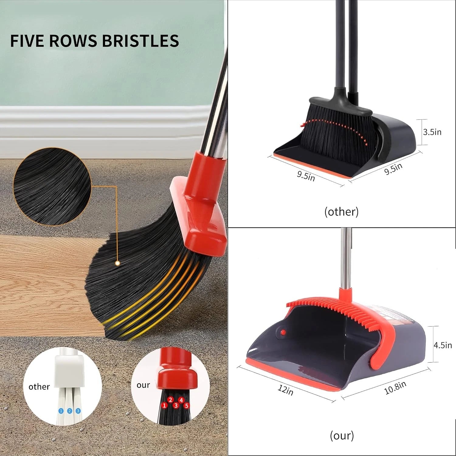 Broom and Dustpan Set with Long Handle & Soft Bristles for Home Use
