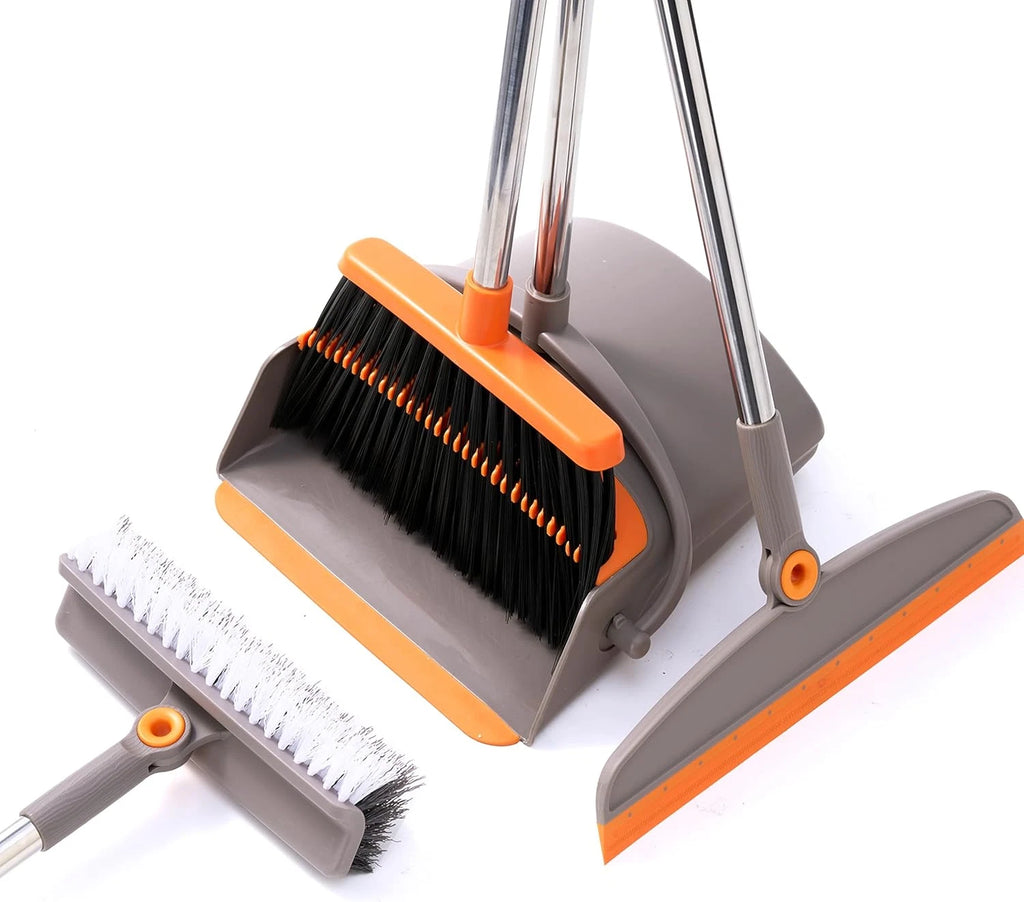 Multifunction 3-In-1 Broom Dustpan Silicone Broom Squeegee Scrub Brush Set Long