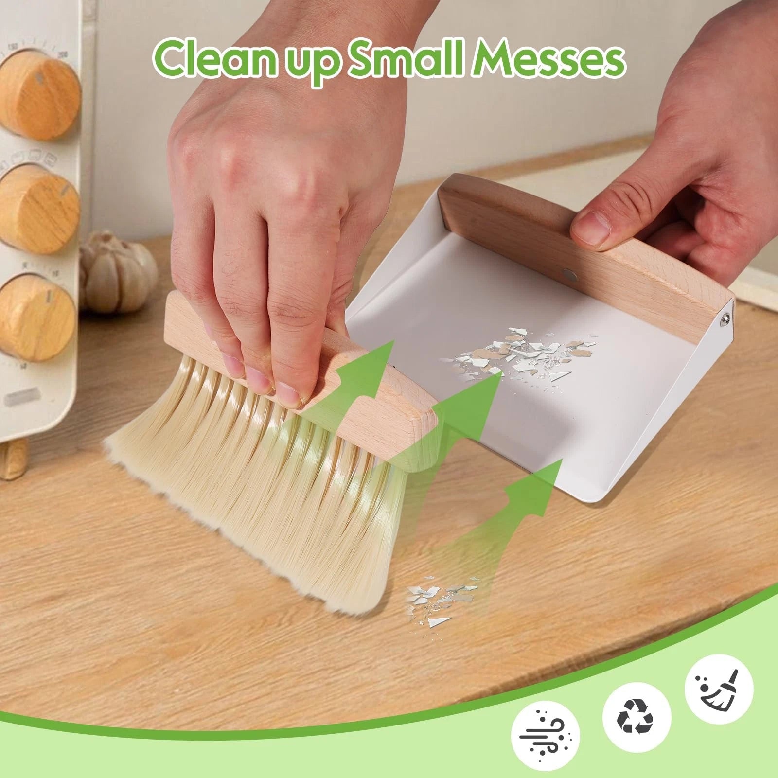 Small Dustpan and Brush Set with Wood Handle Portable Broom and Metal Wooden