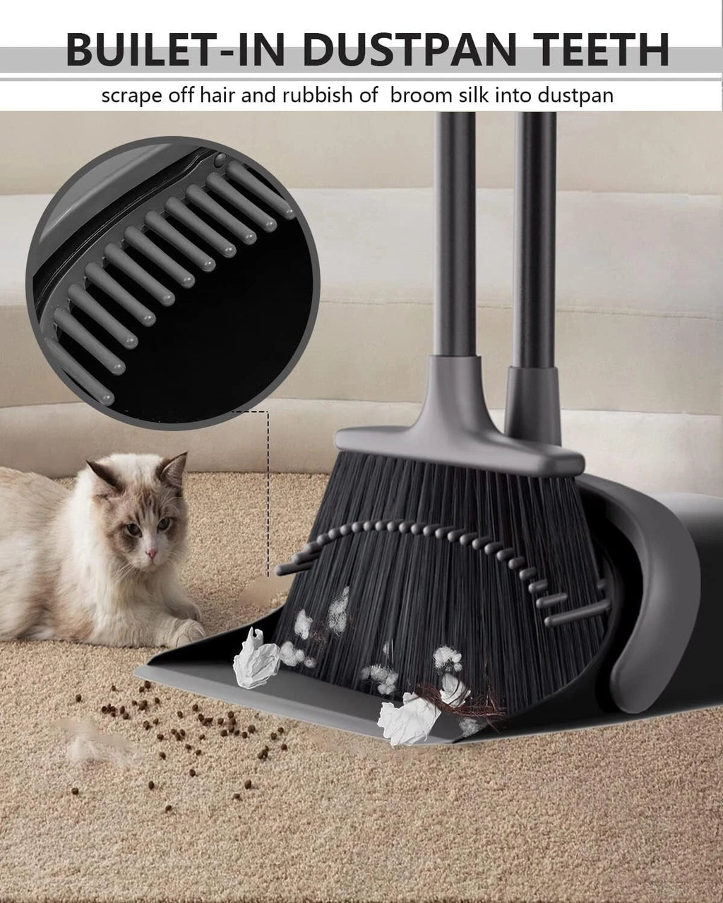 Durable 52'' Long Handle Broom and Dustpan Set with Comb Design for Pet Hair