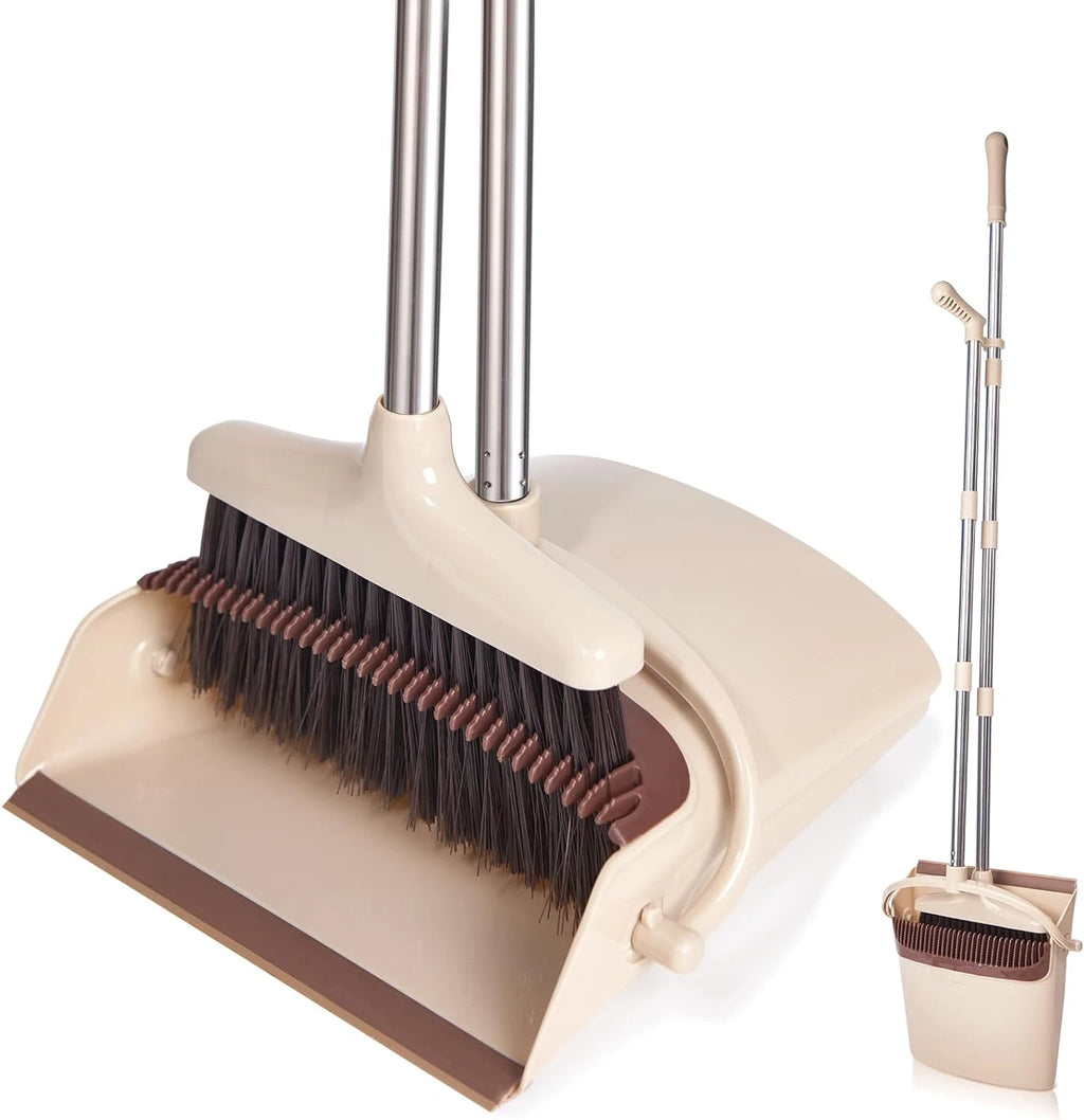 Long Handle Broom and Dustpan Set - Lightweight Stainless Steel, Brown & Beige