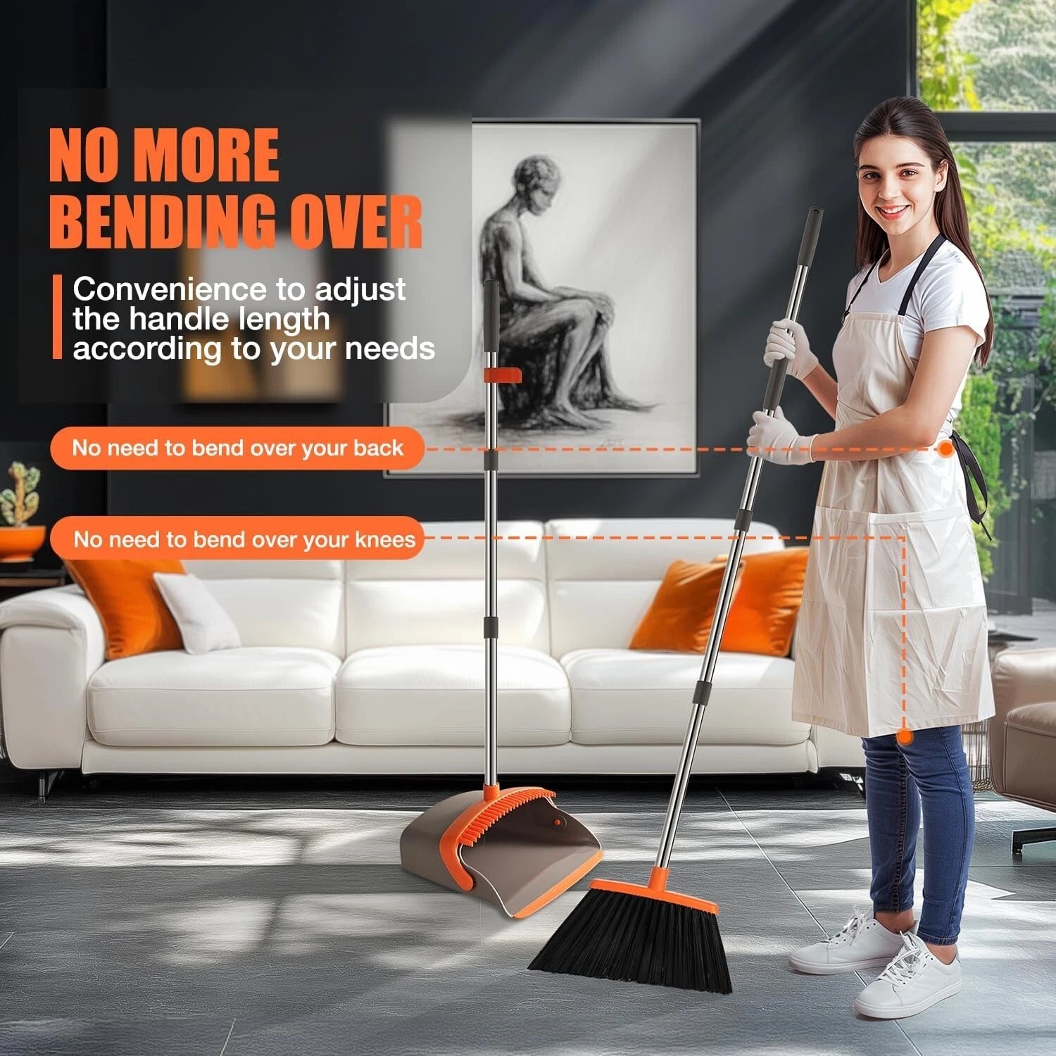 Durable Broom and Dustpan Set with 56" Adjustable Long Handle Large