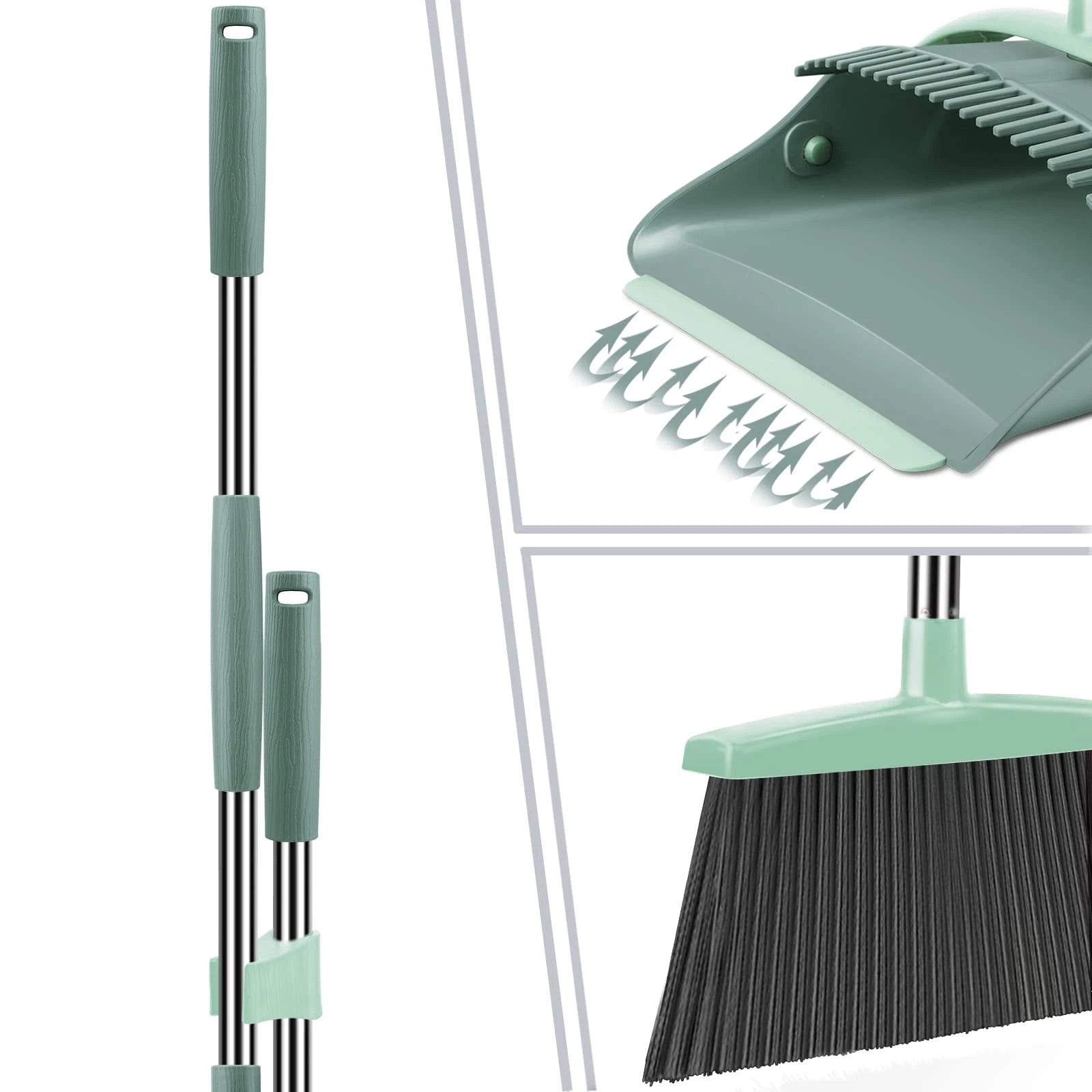 Broom and Dustpan Set for Home with Long Handle Comb Dustpan(Jade Green)