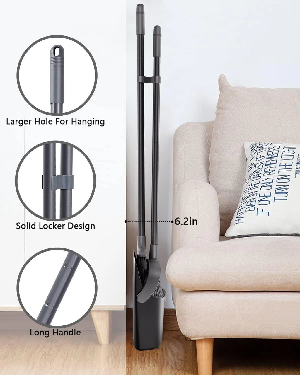 Durable 52'' Long Handle Broom and Dustpan Set with Comb Design for Pet Hair