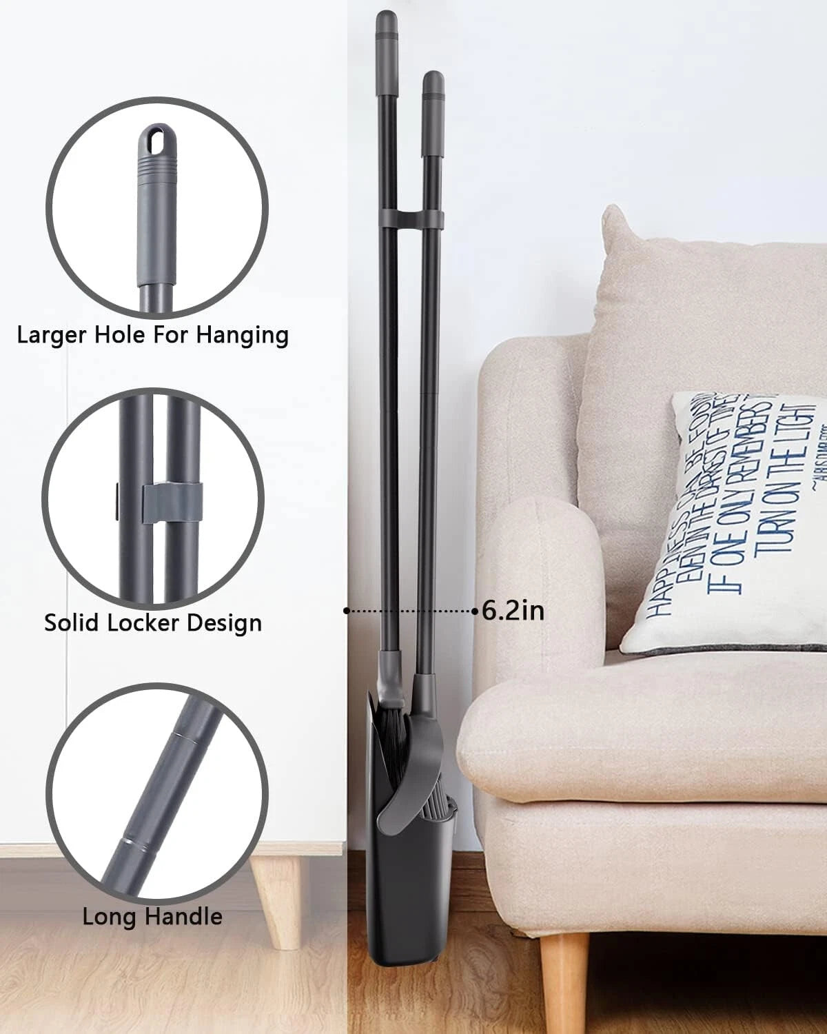 Durable 52'' Long Handle Broom and Dustpan Set with Comb Design for Pet Hair