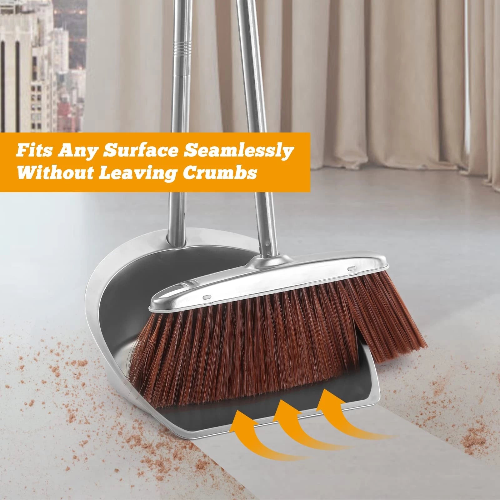 Broom and Dustpan Set Long Handle Heavy Duty Upright Windproof for Home Office