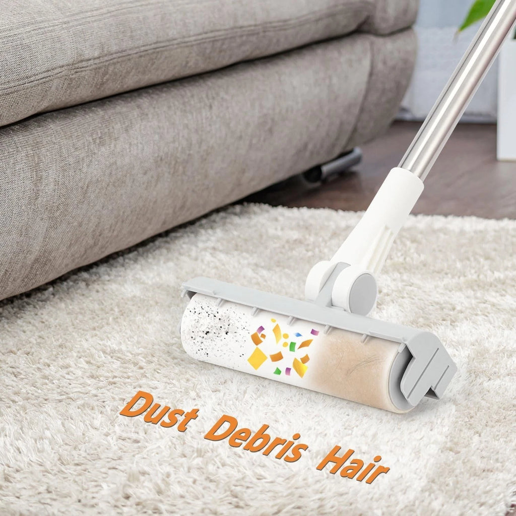 Long Handle Broom & Dustpan Set with Lint Roller for Indoor/Outdoor Use