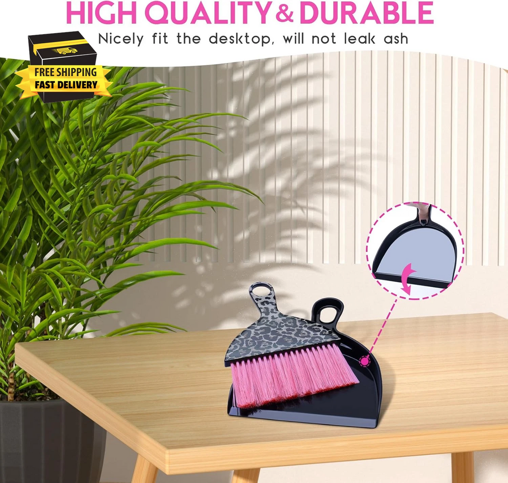 2PCS Mini Dustpan and Brush Set, Small Broom and Dustpan Set with Pink Leopard P