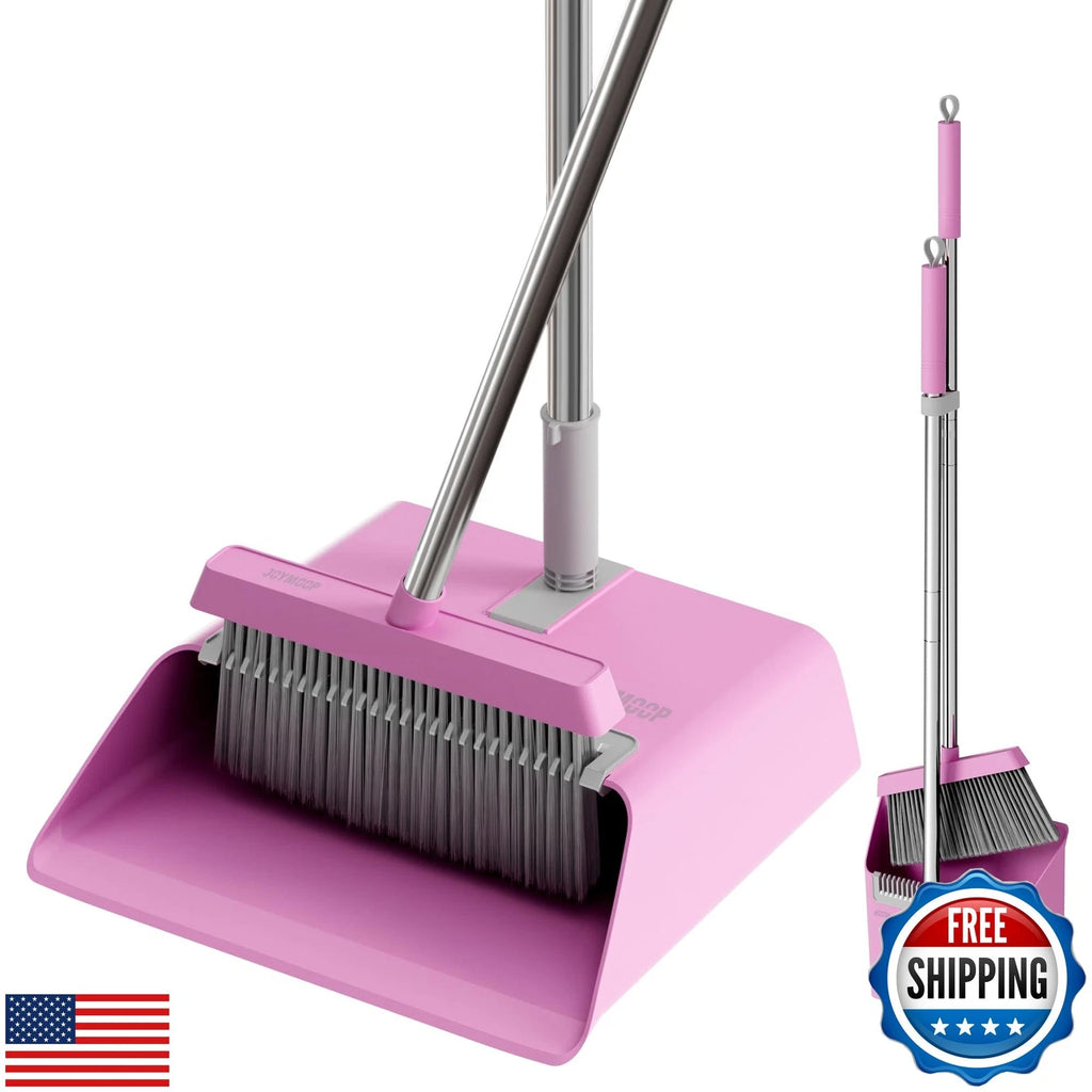 JOYMOOP Pink Broom and Dustpan Set with 56” Handle, Upright Angle with Built-