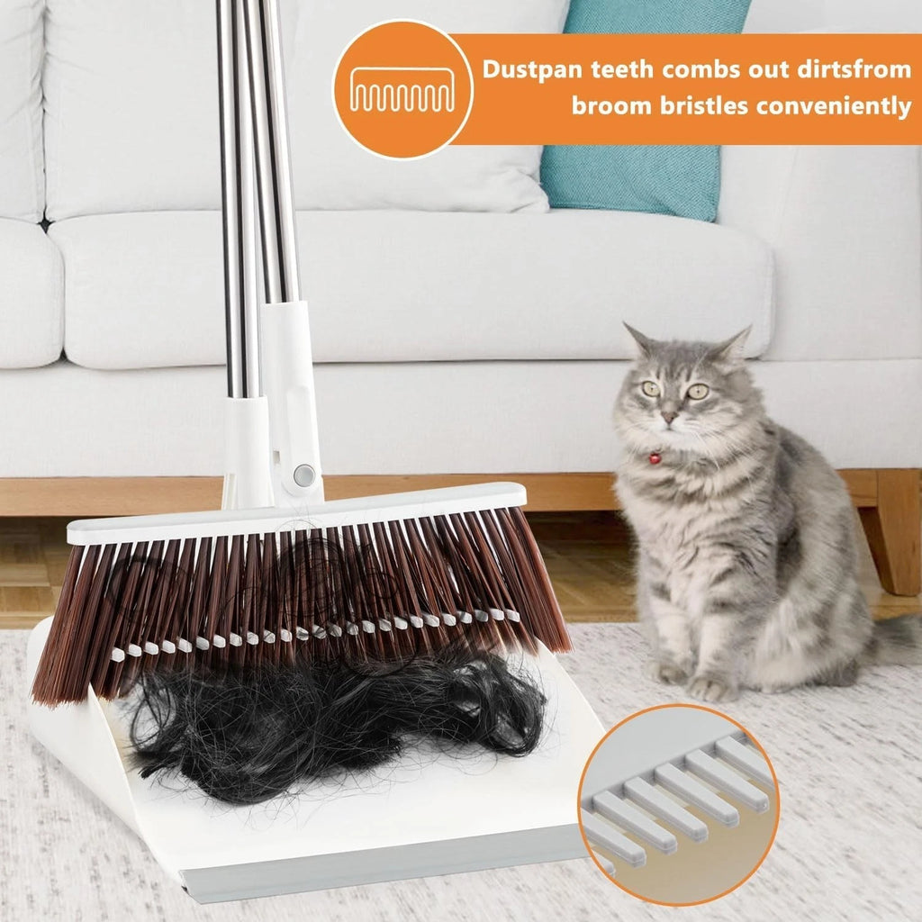 Long Handle Broom & Dustpan Set with Lint Roller for Indoor/Outdoor Use