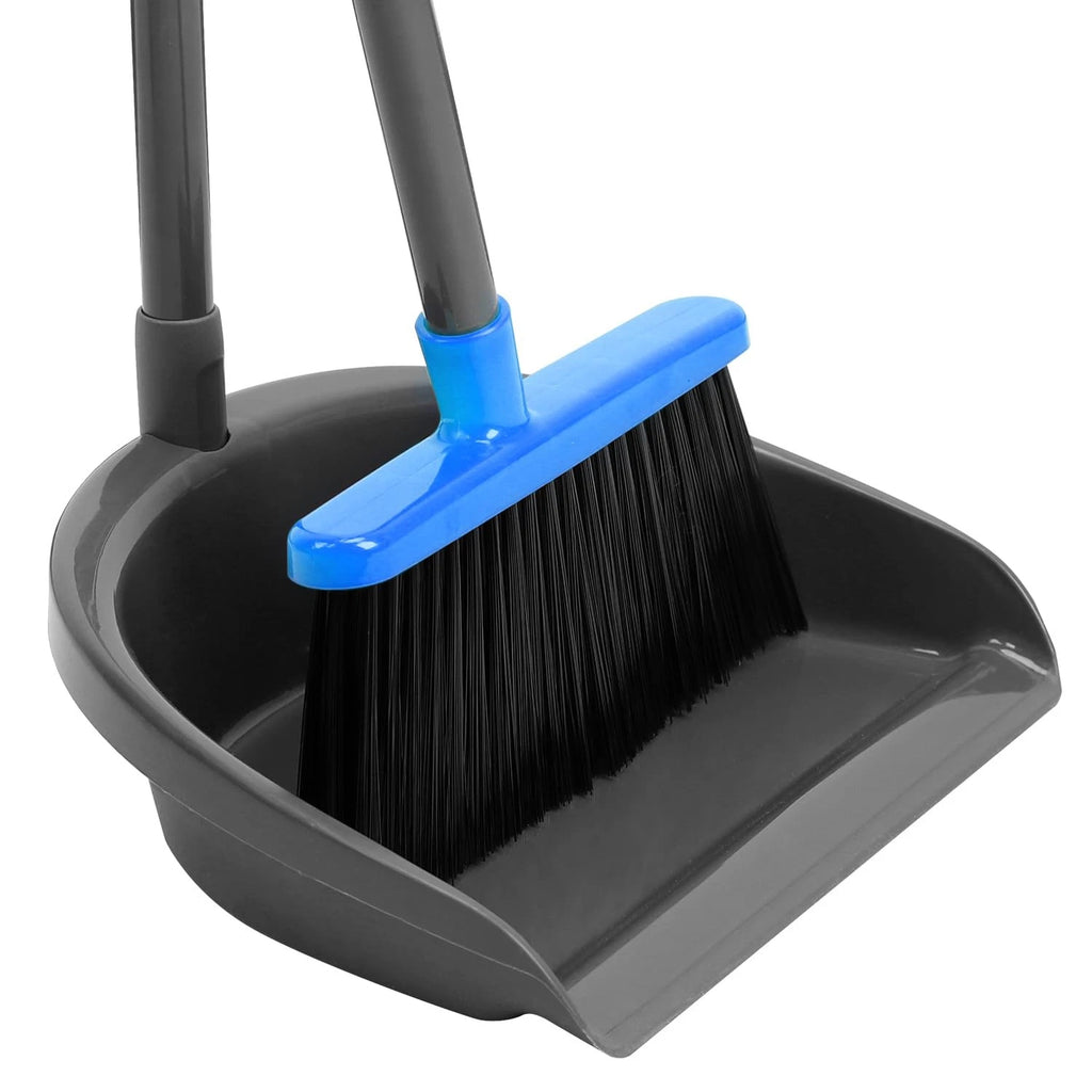 Broom and Dustpan Set ，Long Handle Broom with Upright Standing Dust pan for I...