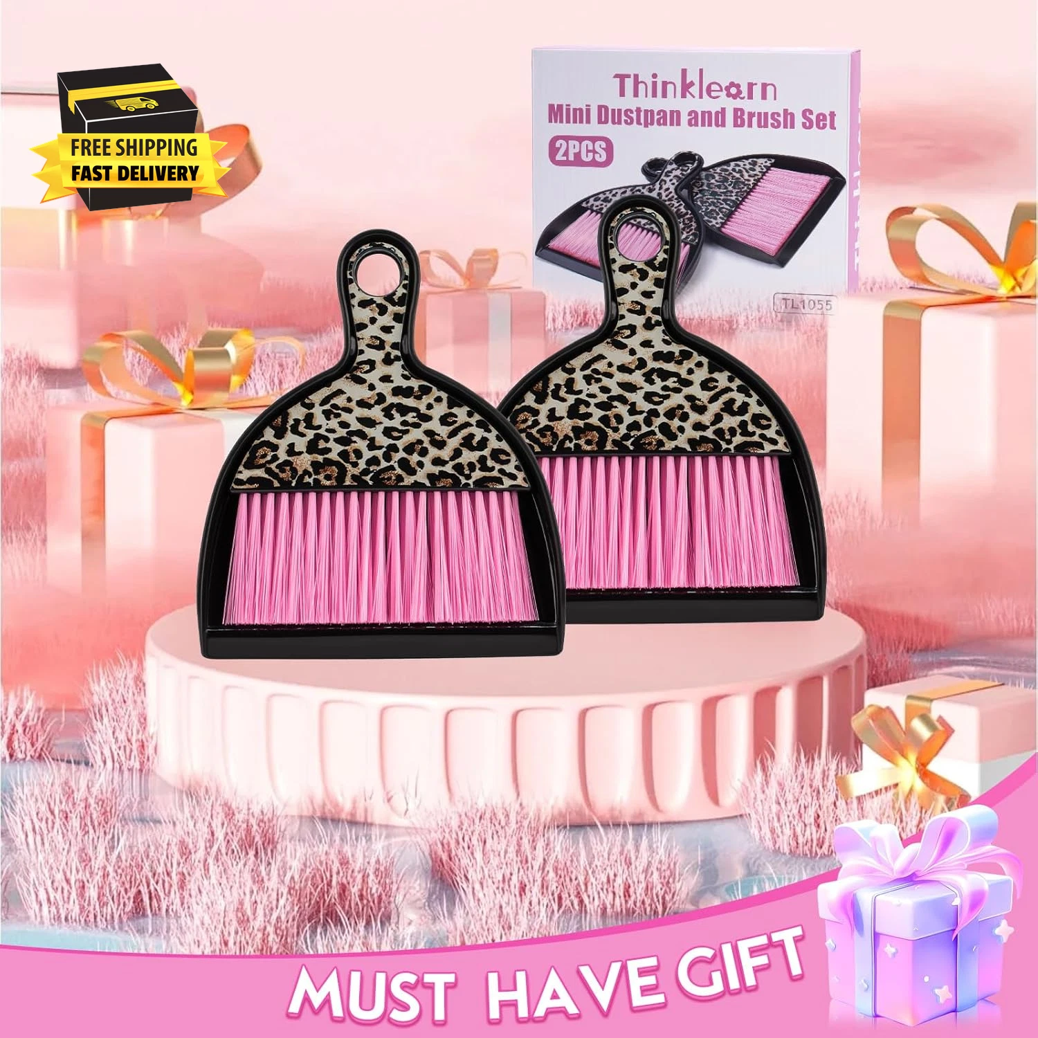 2PCS Mini Dustpan and Brush Set, Small Broom and Dustpan Set with Pink Leopard P