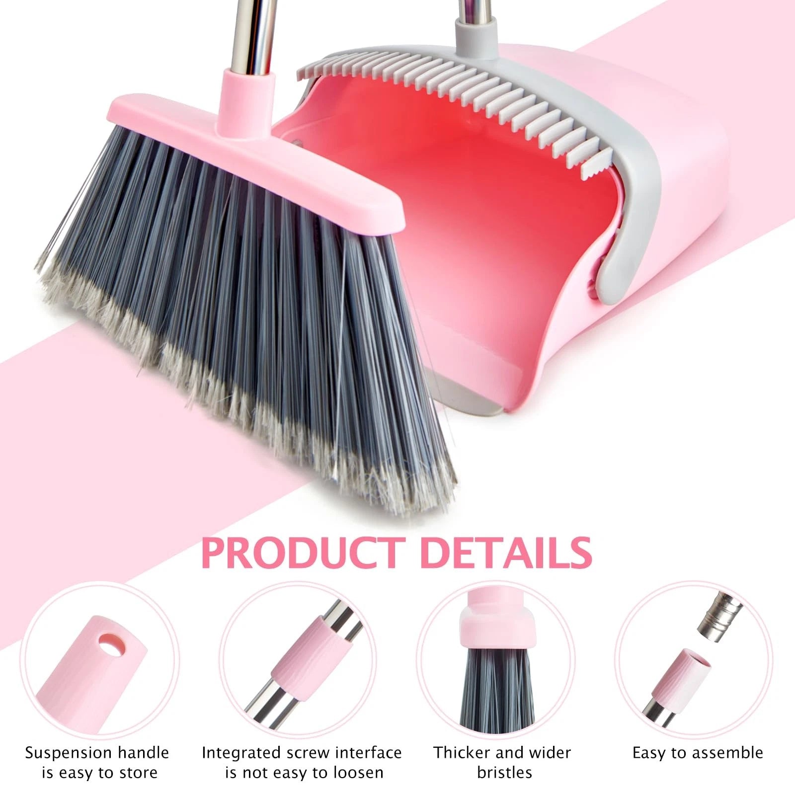 Broom and Dustpan Set, Long Handle Combo for Home, Kitchen, Office (Gray Pink)