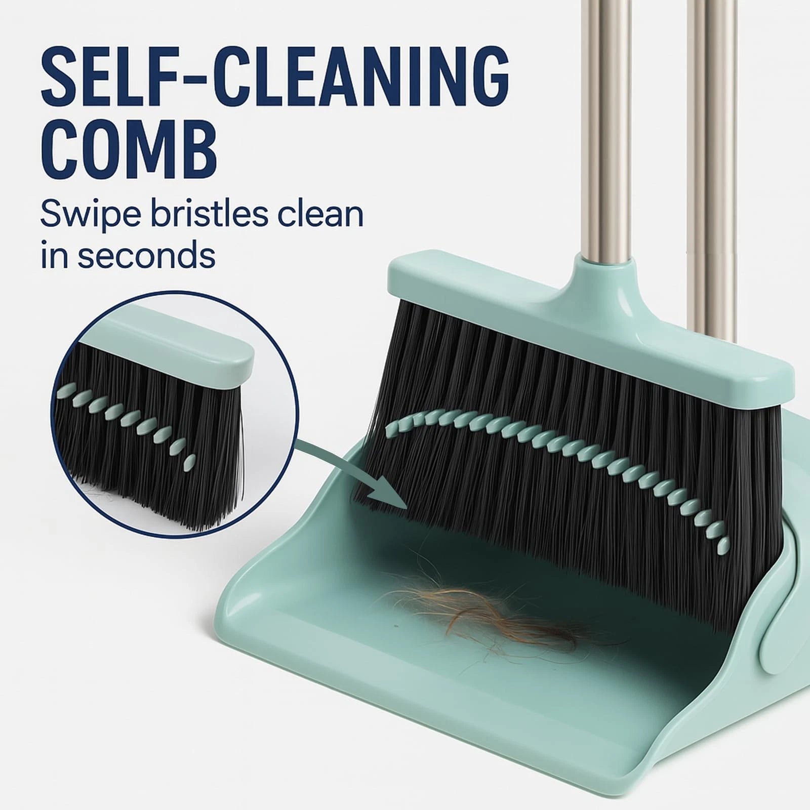 Pet Hair Broom & Dustpan Set – Long Handle 41–51″, TPR Edge, Self-Cleaning Du...