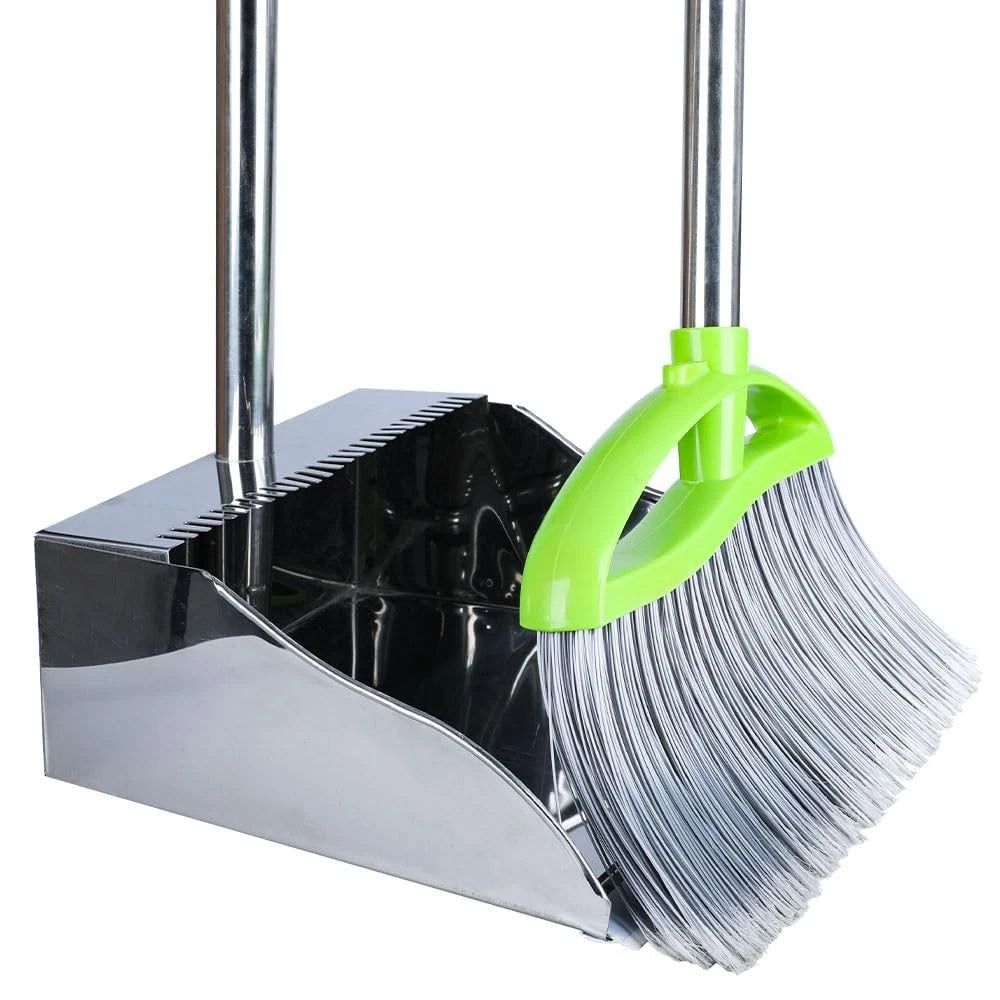 Heavy Duty Broom and Dustpan Set Metal Stand Up Pan with Stiff Bristle Brush