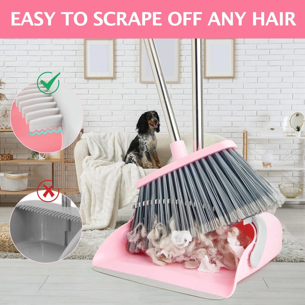Broom and Dustpan Set, Long Handle Combo for Home, Kitchen, Office (Gray Pink)