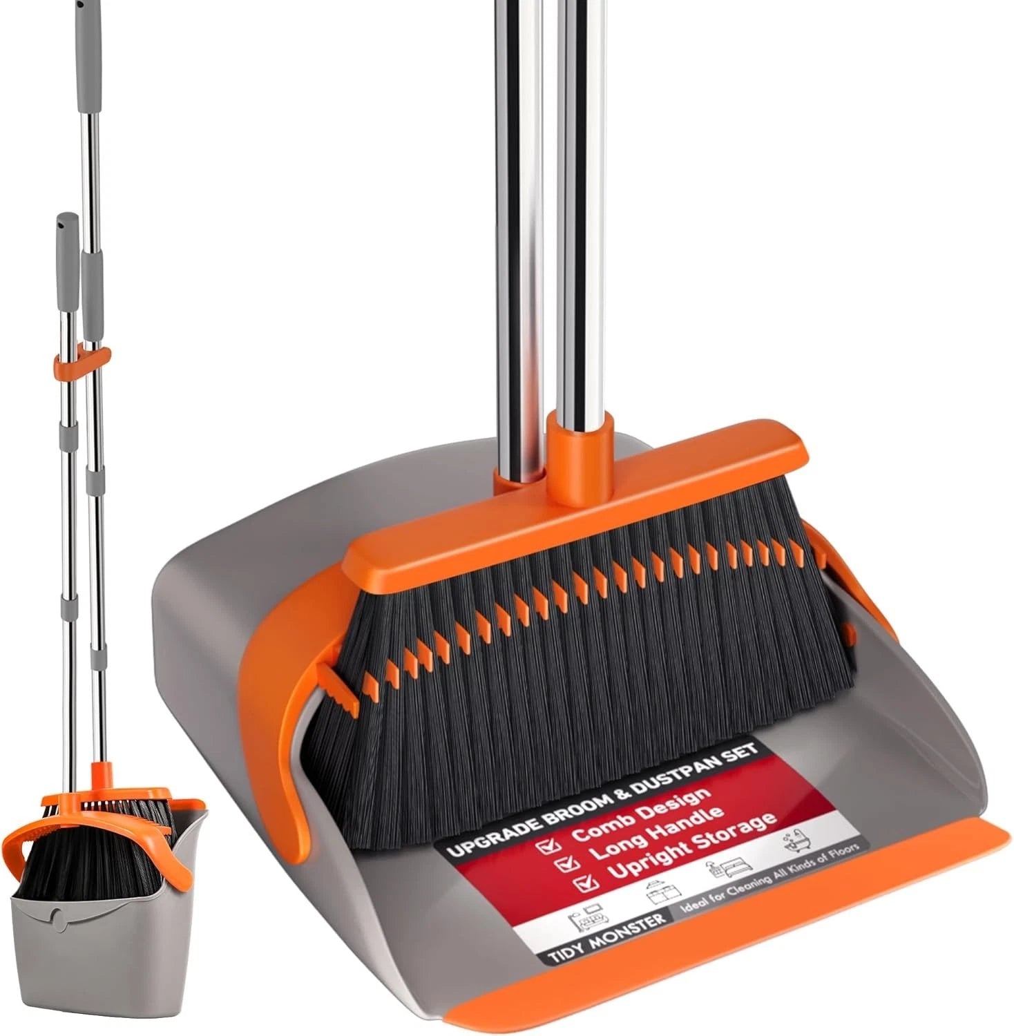 Upgraded Broom and Dustpan Set, 52" Long Handle Standing Combo with Self-Clea...