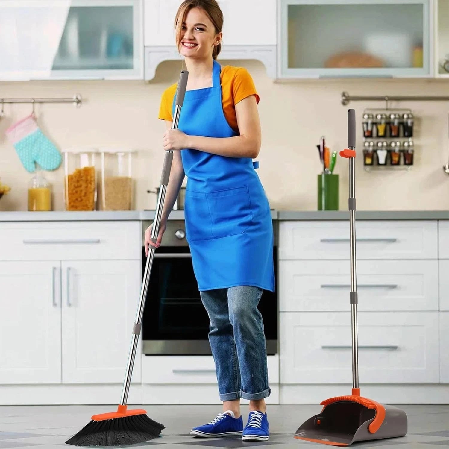 Upgraded Broom and Dustpan Set, 52" Long Handle Standing Combo with Self-Clea...