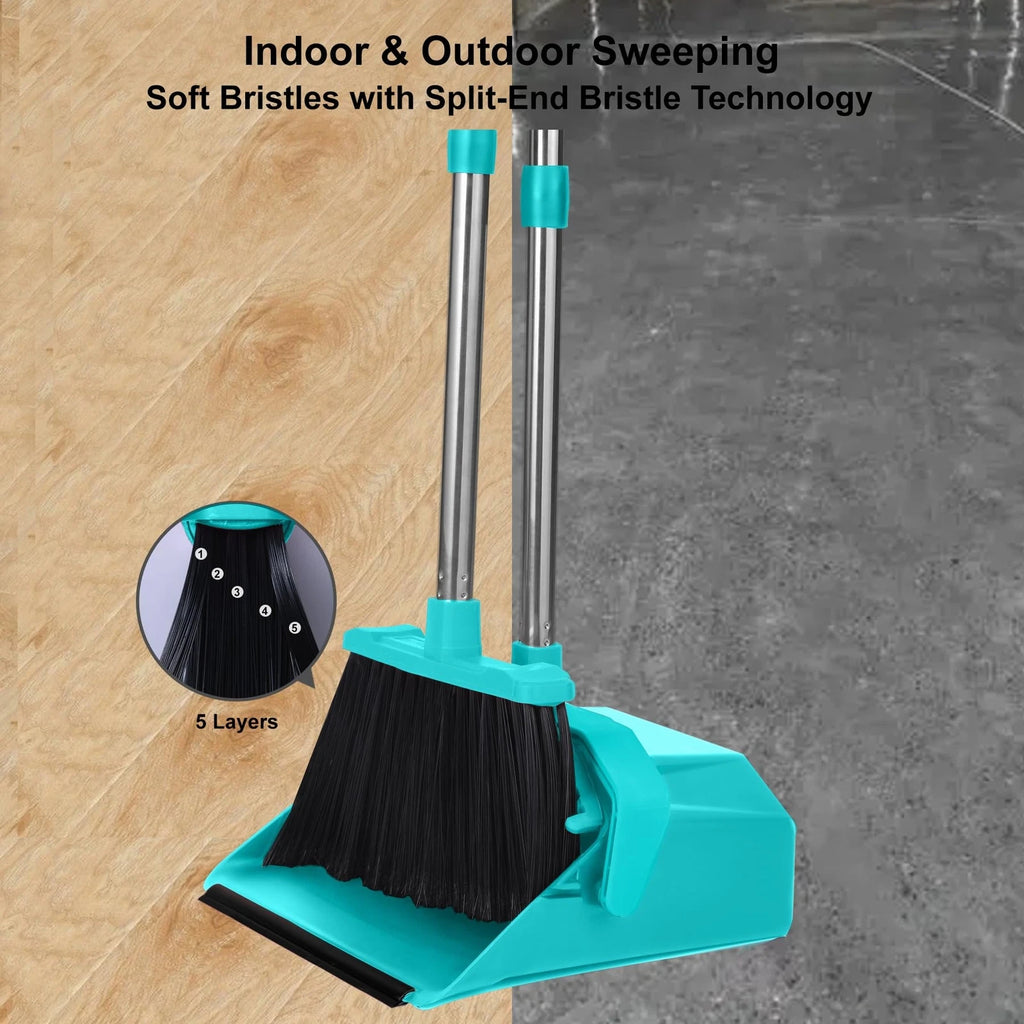 Upgrade Broom And Dustpan Set With 51'' Long Handle Large Upright Brooms And Dus