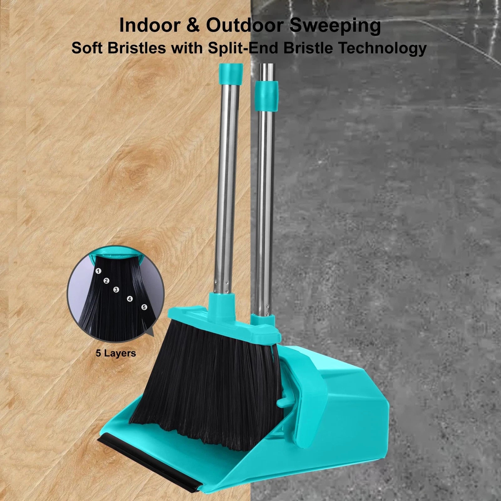 Upgrade Broom And Dustpan Set With 51'' Long Handle Large Upright Brooms And Dus