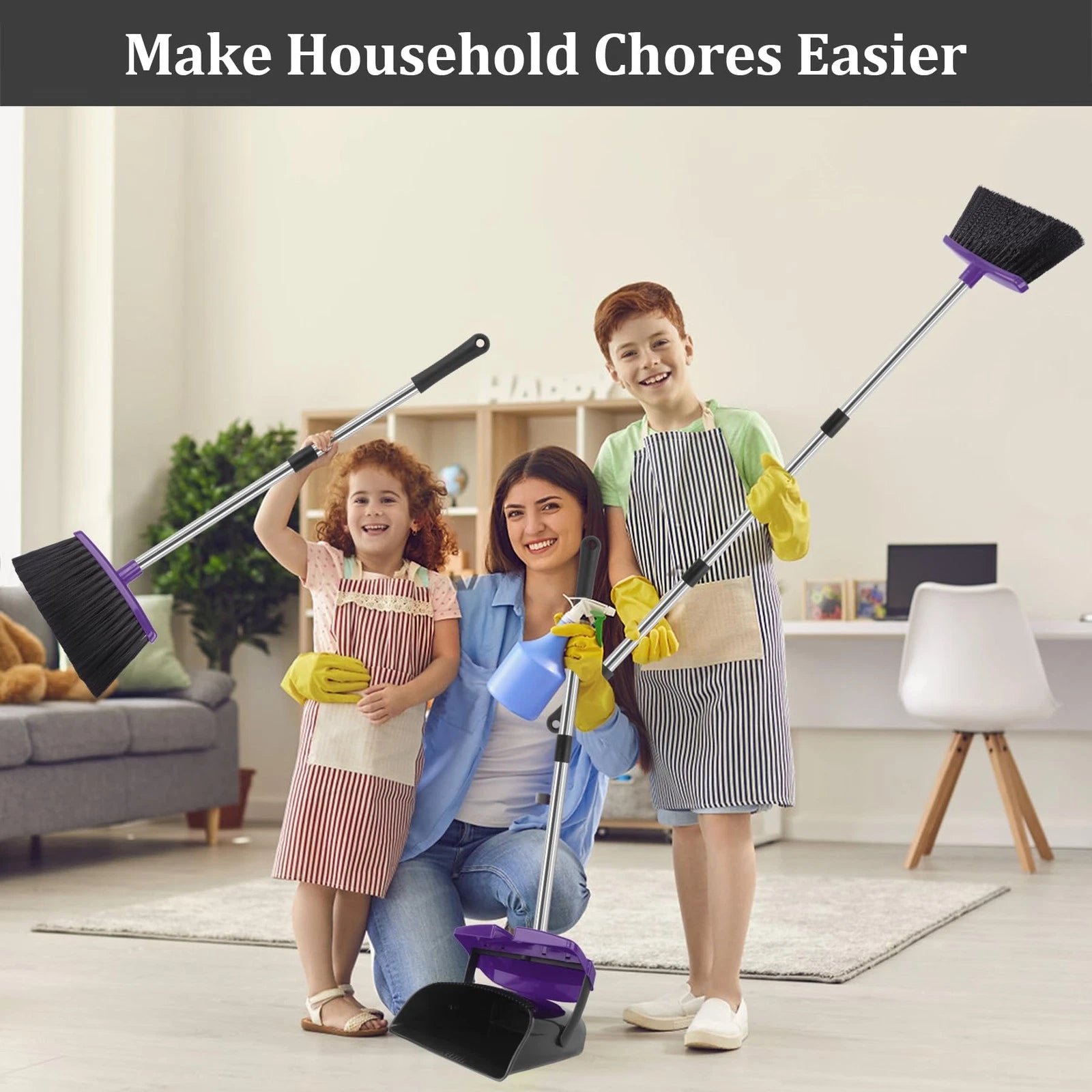 Broom and Dustpan Set 51"Long Handle with Combo Windproof and Self-Cleaning