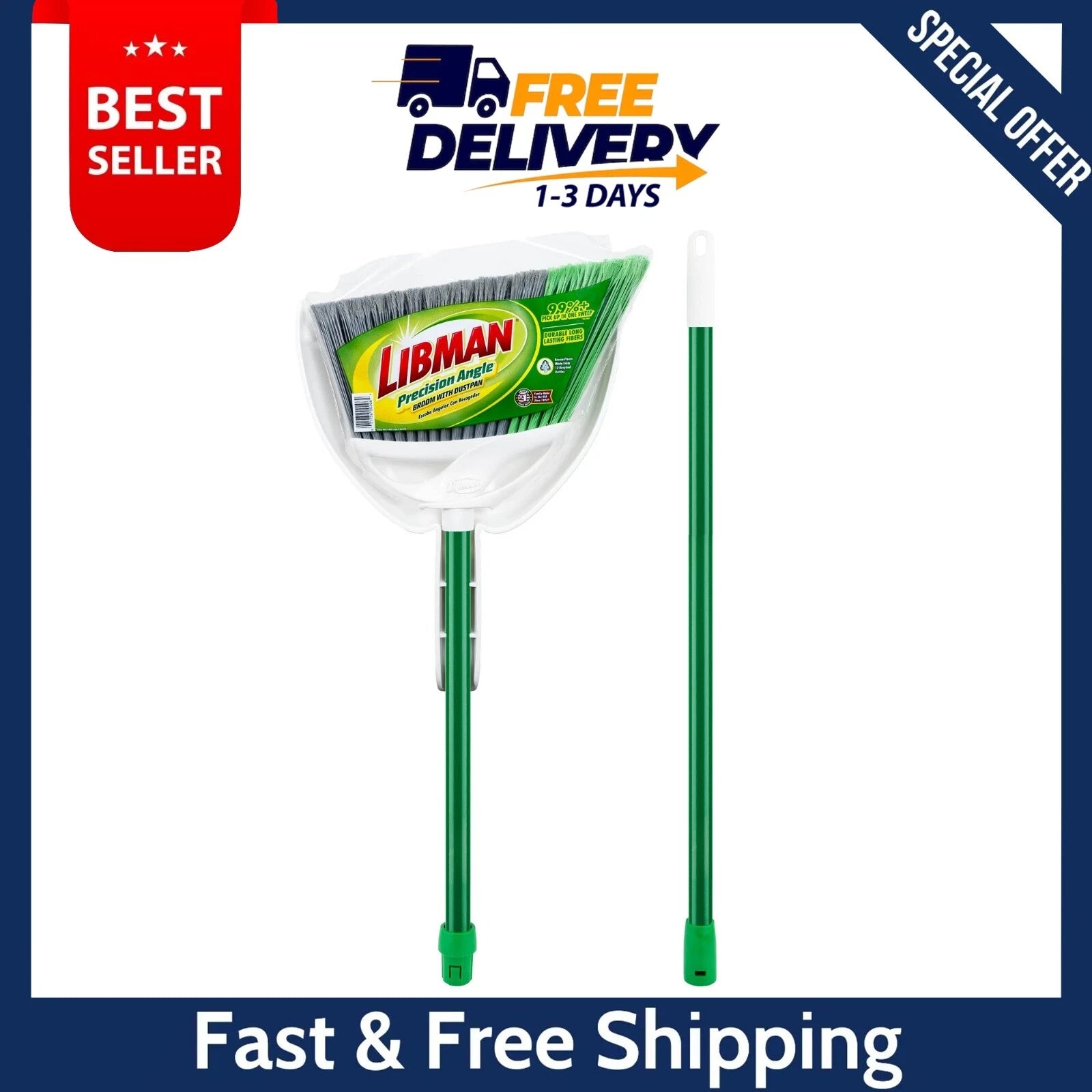 2 Piece Steel Handle Angle Broom and Dustpan Green Steel Handle