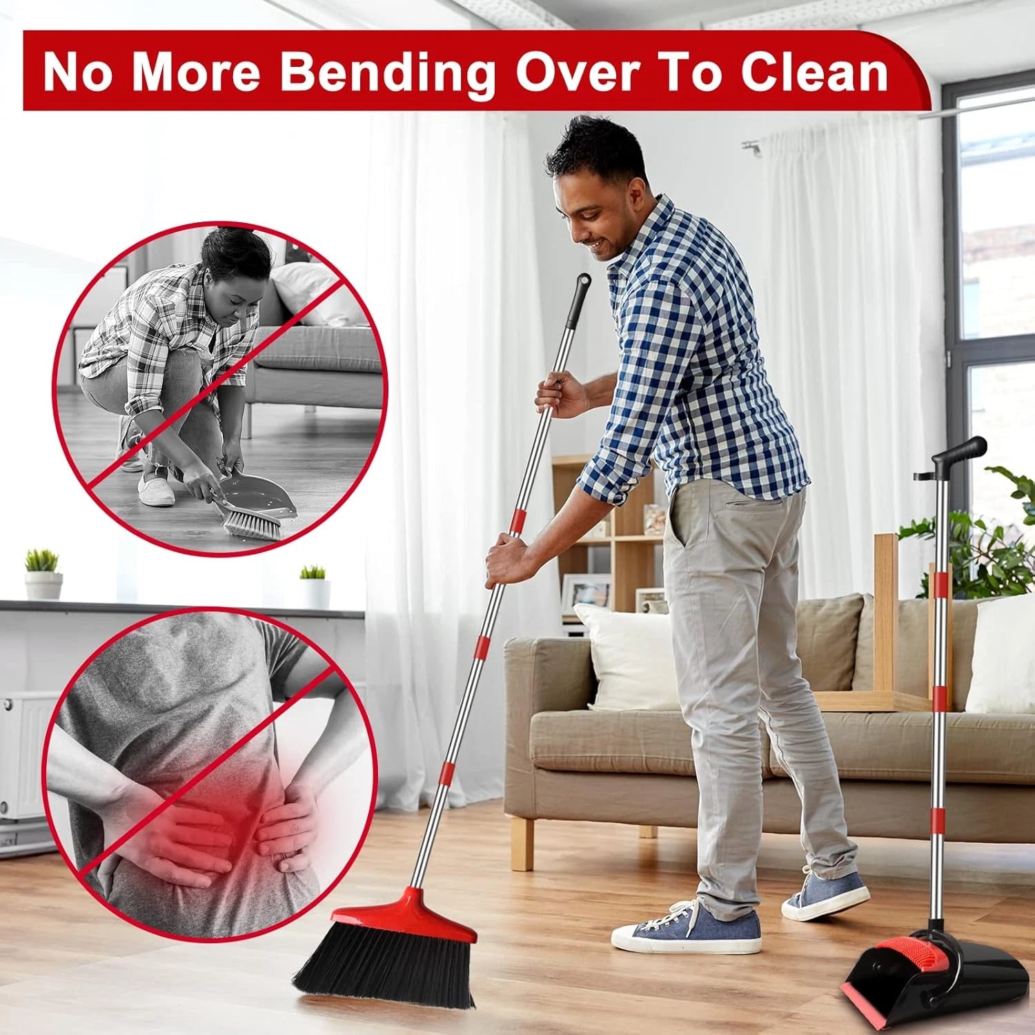 Upright Broom and Dustpan Set for Home, 55" Long Handle Combo, Indoor Sweep for