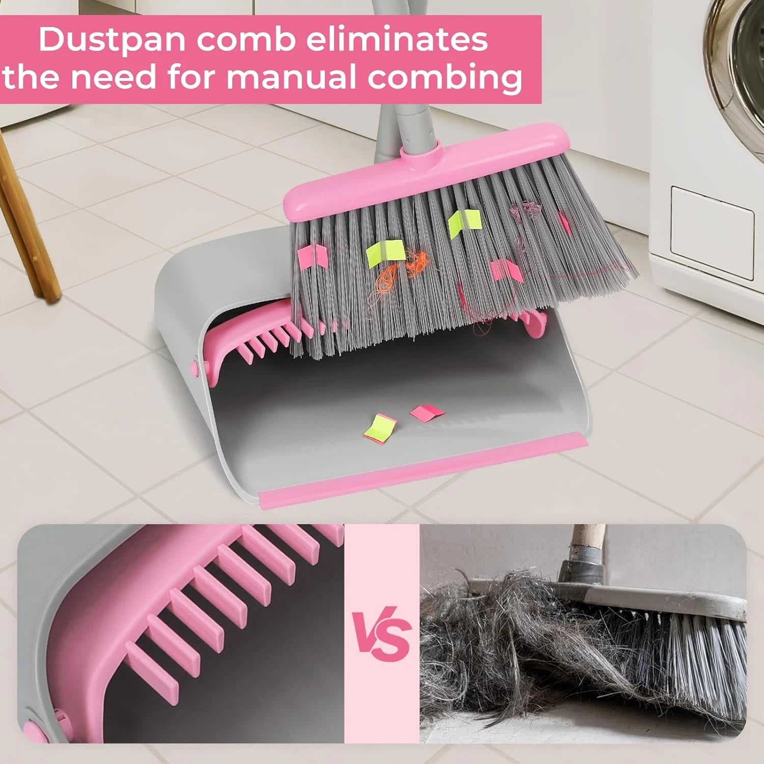 Pink Broom with Dustpan Combo Set，52" Brooms for Sweeping Indoor Broom and Dustp