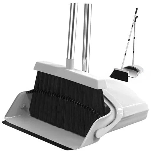 Broom and Dustpan Set - Adjustable Handle, Upright Standing, White, Black