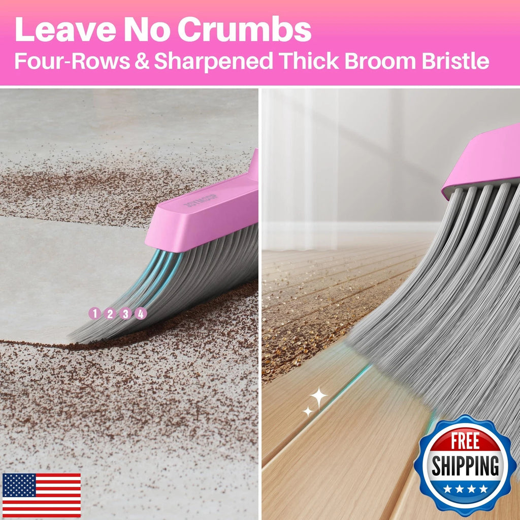 JOYMOOP Pink Broom and Dustpan Set with 56” Handle, Upright Angle with Built-