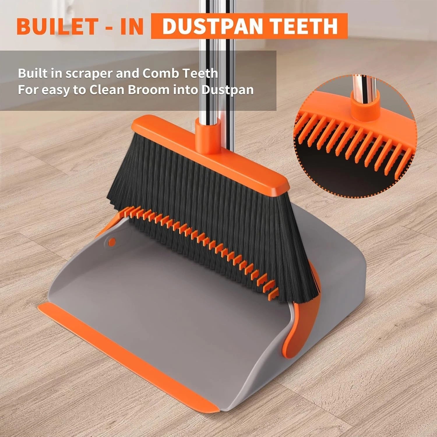 Upgraded Broom and Dustpan Set, 52" Long Handle Standing Combo with Self-Clea...