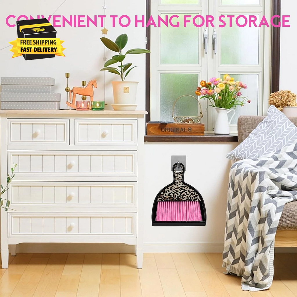 2PCS Mini Dustpan and Brush Set, Small Broom and Dustpan Set with Pink Leopard P