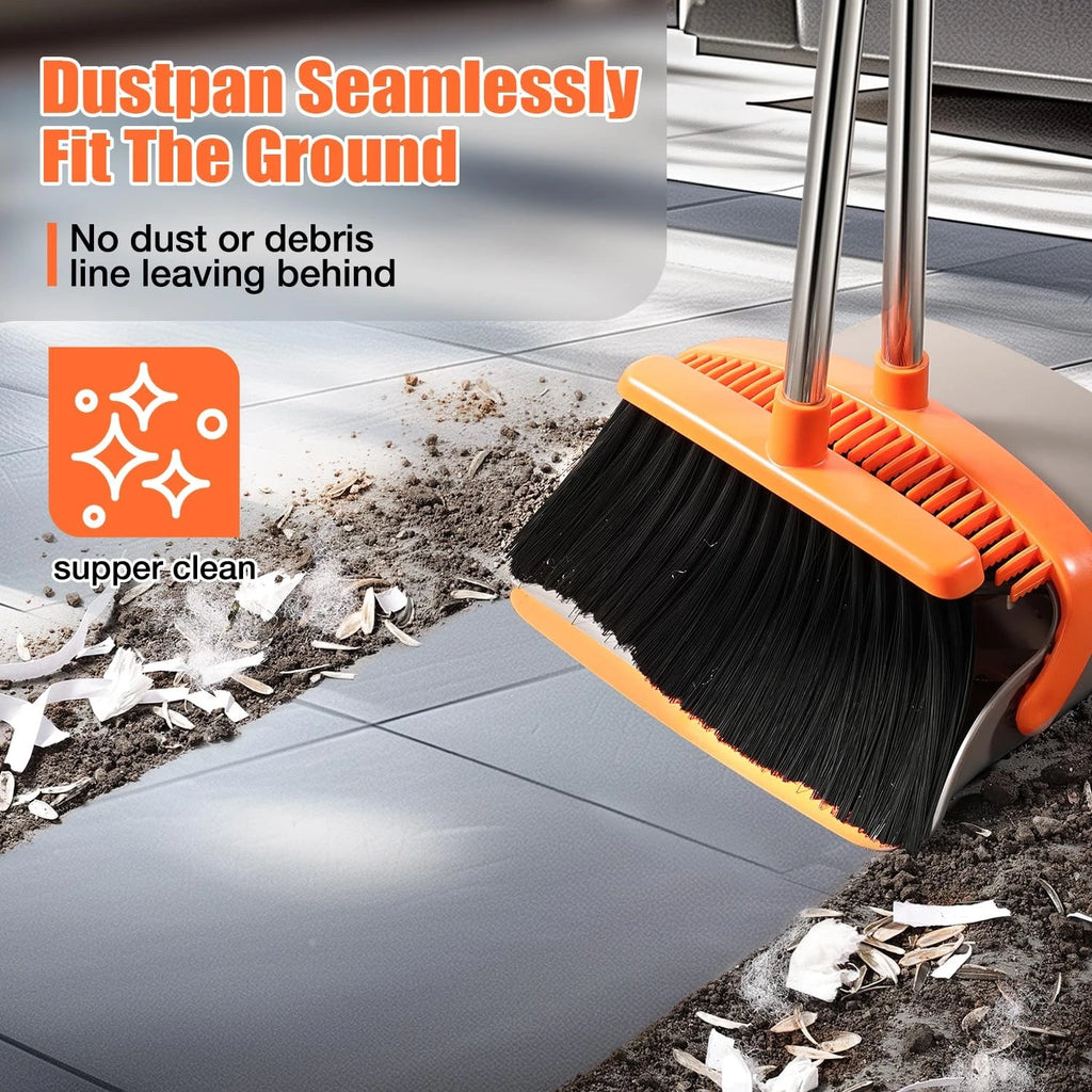 Upgrade Durable Broom and Dustpan Set with 52"Adjustable Long Handle Stand Combo