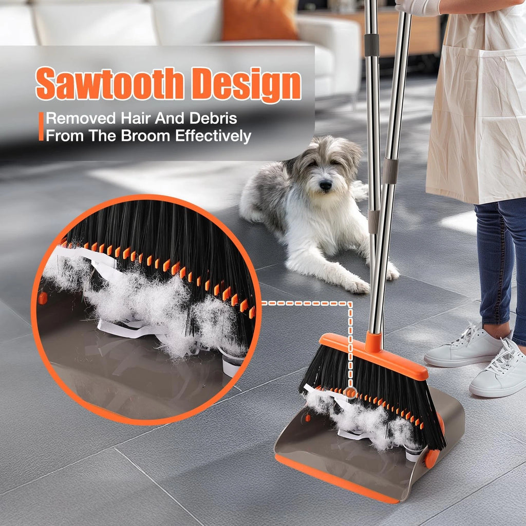 Upgrade Durable Broom and Dustpan Set with 52"Adjustable Long Handle Stand Combo