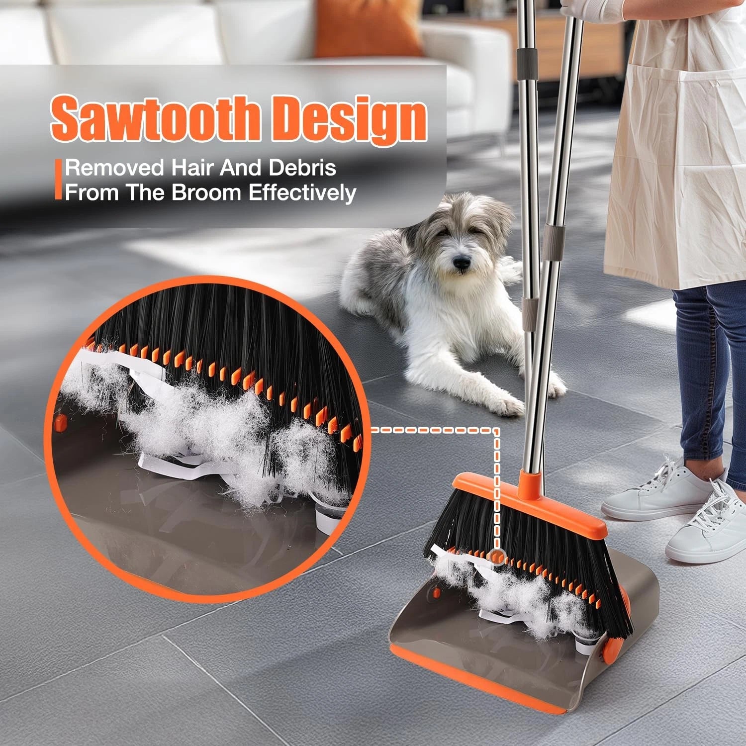 Upgrade Durable Broom and Dustpan Set with 52"Adjustable Long Handle Stand Combo