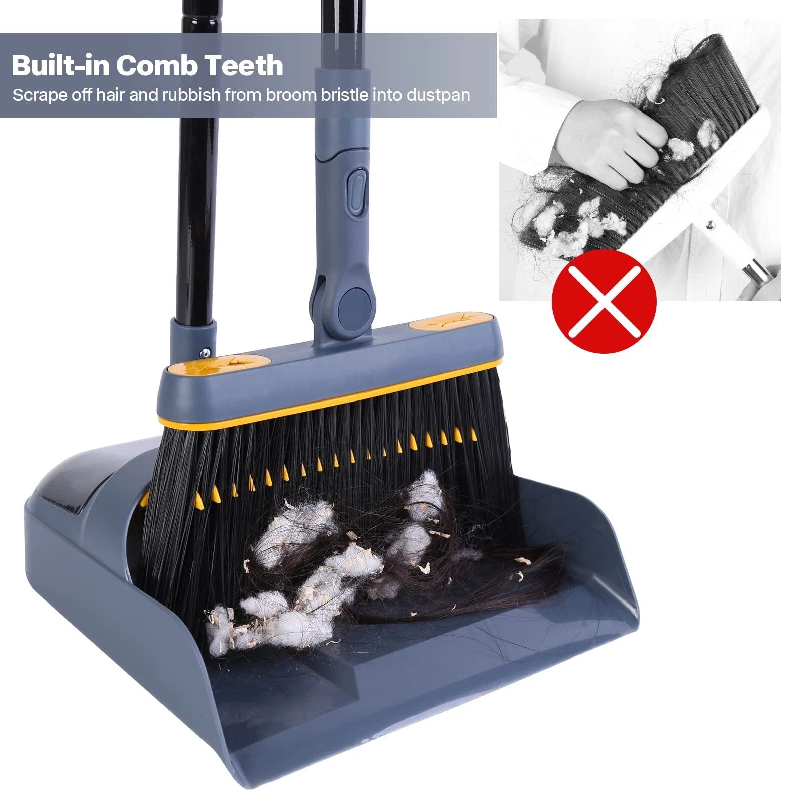 Broom and Dustpan Set 54 Inches Long Handle 180° Rotating Upright Standing